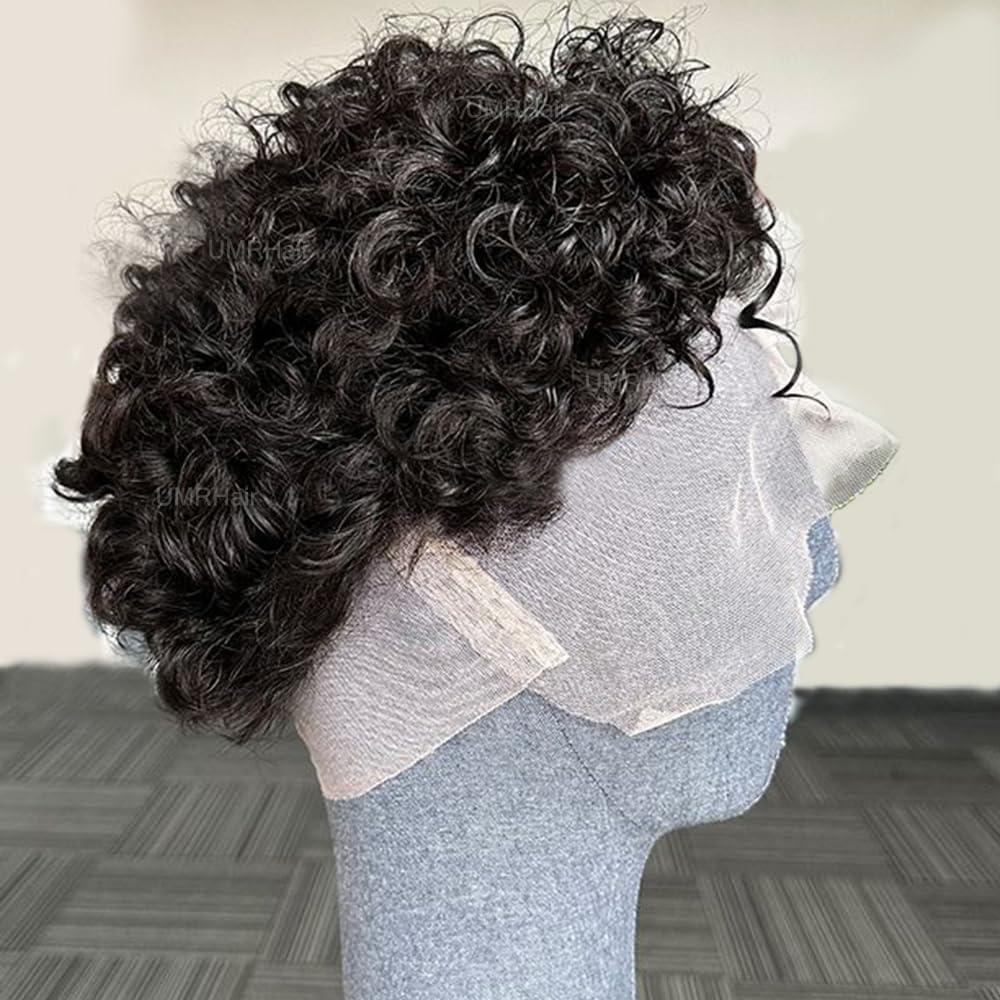 UMRHair Short Pixie Cut Curly 13X6 Deep Part Lace Front Wig for Men Human Hair Natural Black Kinky Curly Men Wigs Human Hair Preplucked Glueless Wig 8inch 130Density