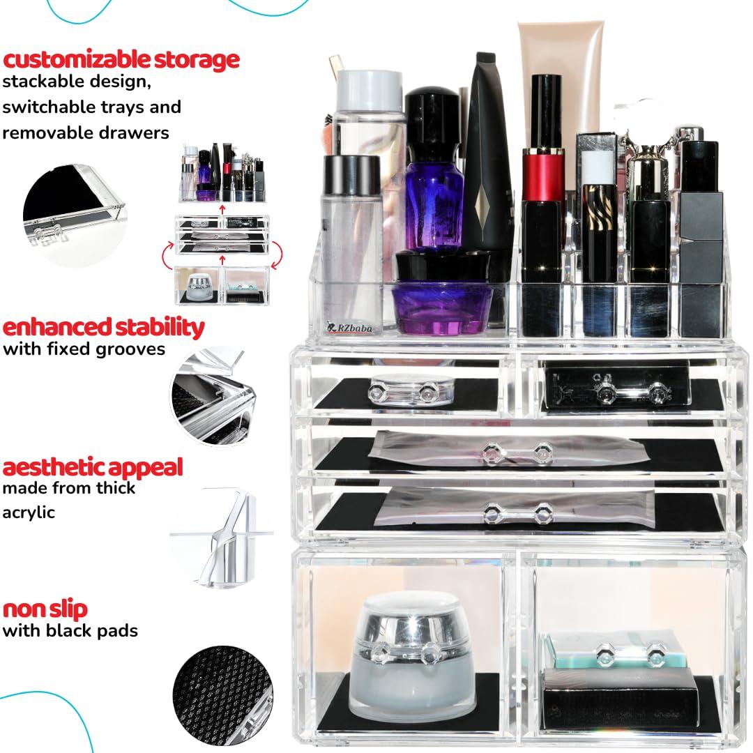 R RZbaba 3 Pack Clear Stackable Makeup Organizer with 6 drawers - Cute Vanity Storage for Cosmetics, Jewelry, Skincare and Hair Clips - Acrylic Countertop Display for Bathroom and Desk - Easy to Clean