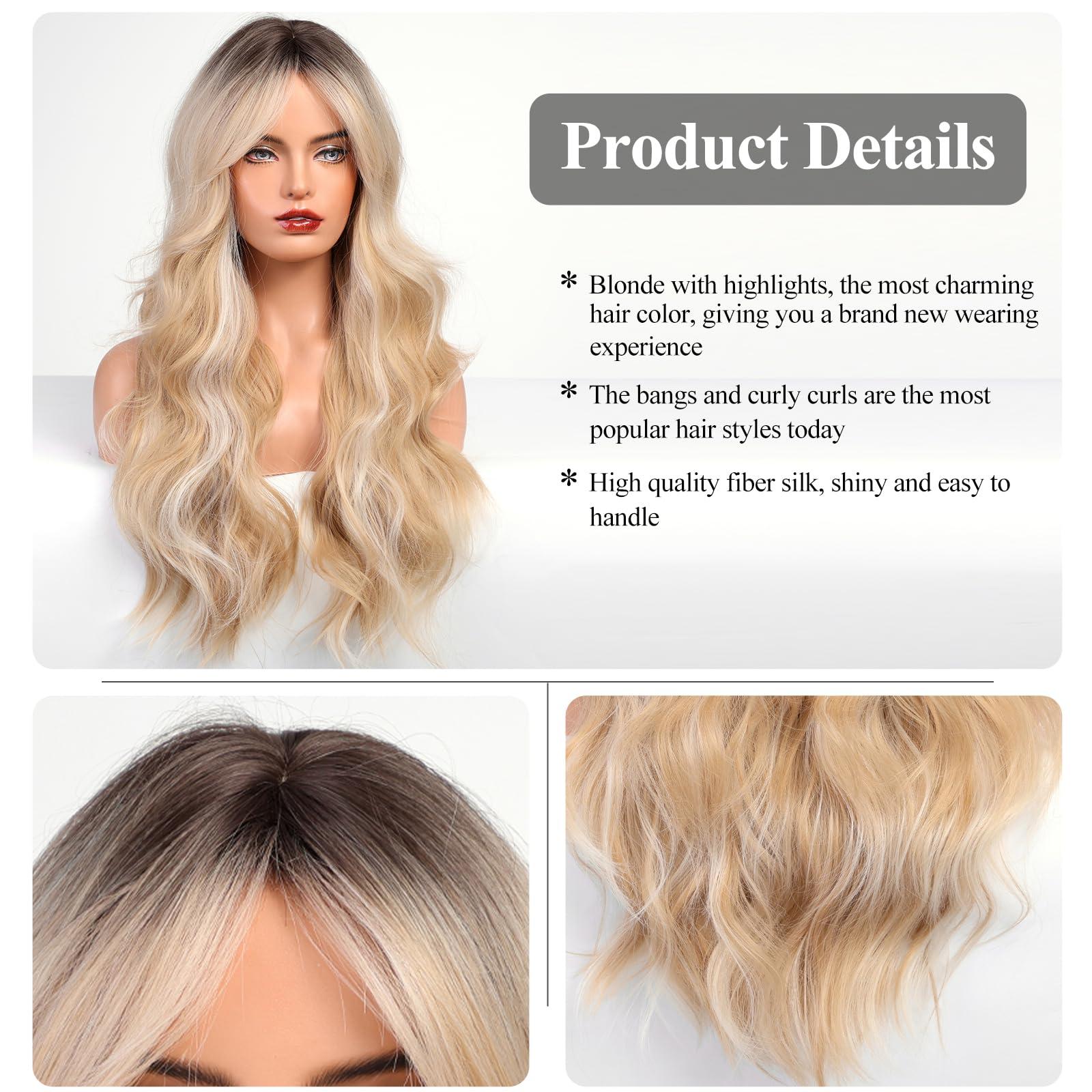 HAIRCUBE HAIRCUBE Blonde Long Curly Wig with Bangs Dark Root Highlight Natural Appearance Heat-Resistant Synthetic Wig Suitable for Fashionable Women 25Inch