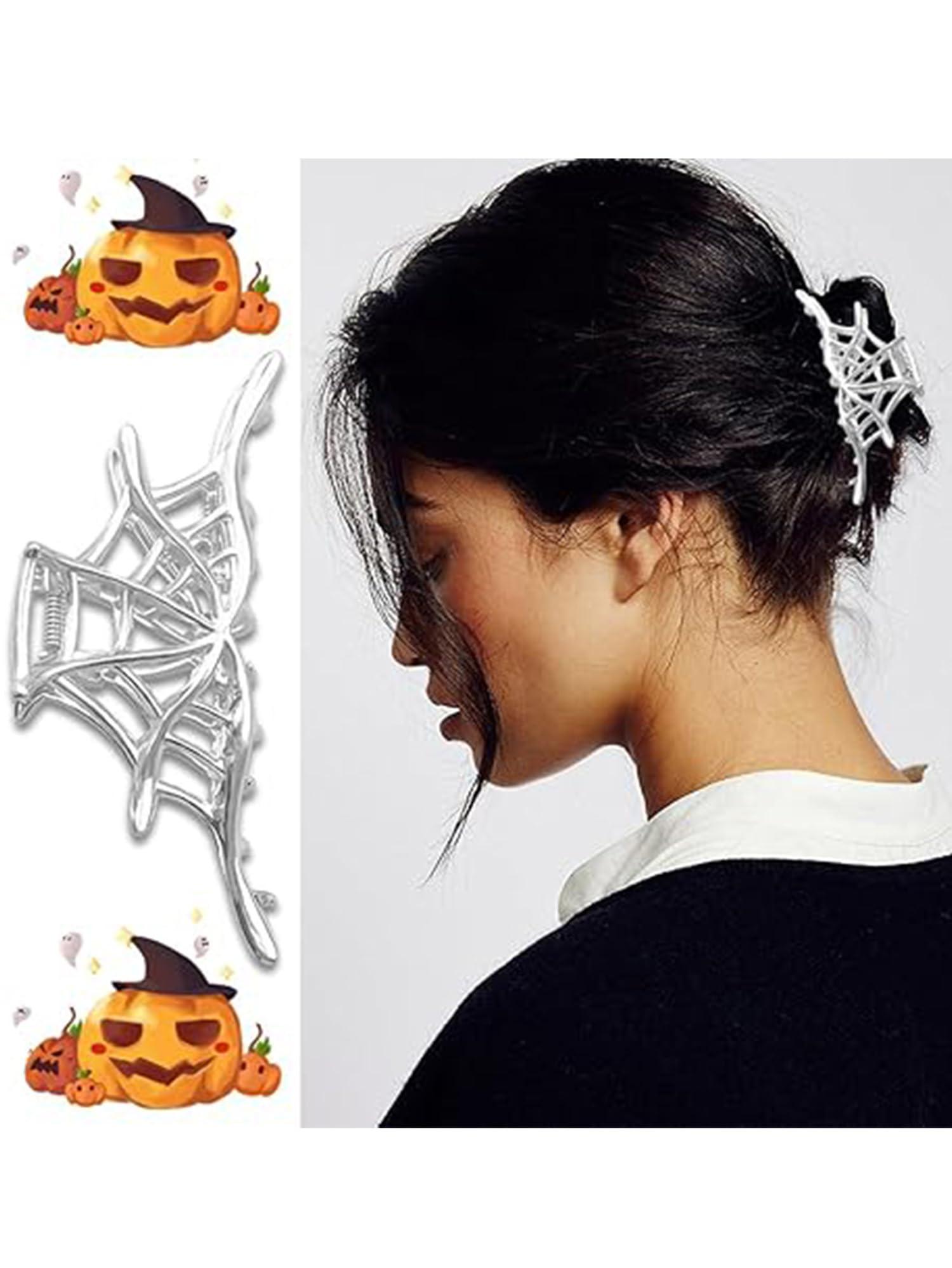 Dulyork Halloween Hair Claw Clip Halloween Spider Web Hair Clips For Women Silvery Metal Claw Clips With Spider Web Shape Designs Halloween Non-Slip Jaw Claw Clips For Women Halloween Hair Accessories