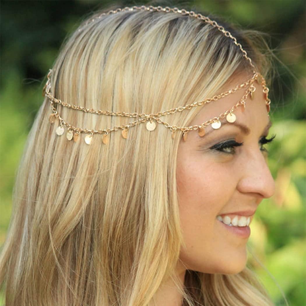 Brinie Brinie Boho Head Chain Gold Small Coins Hair Chain Wedding Head Jewelry Festival Halloween Costume Bridal Hair Chain Headpiece Hair Accessories for Women and Girls