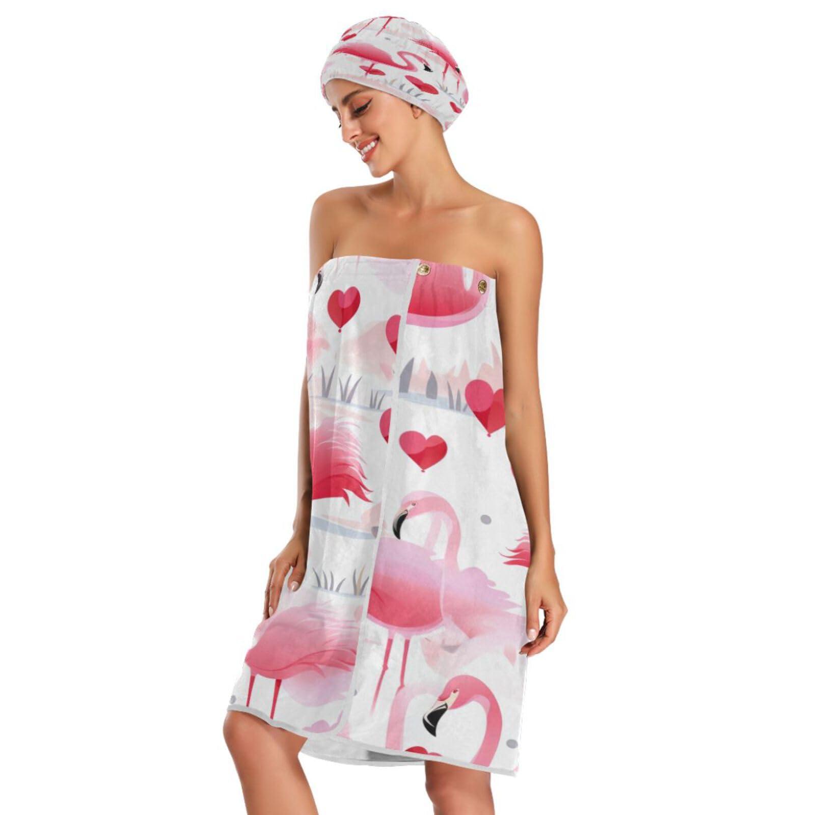 Bulletgxll Bulletgxll Flamingos and Hearts Women's Shower Wrap Towel Set of 3 Adjustable Spa Body Wrap Super Absorbent Bathrobe with Hair Towel & Headband