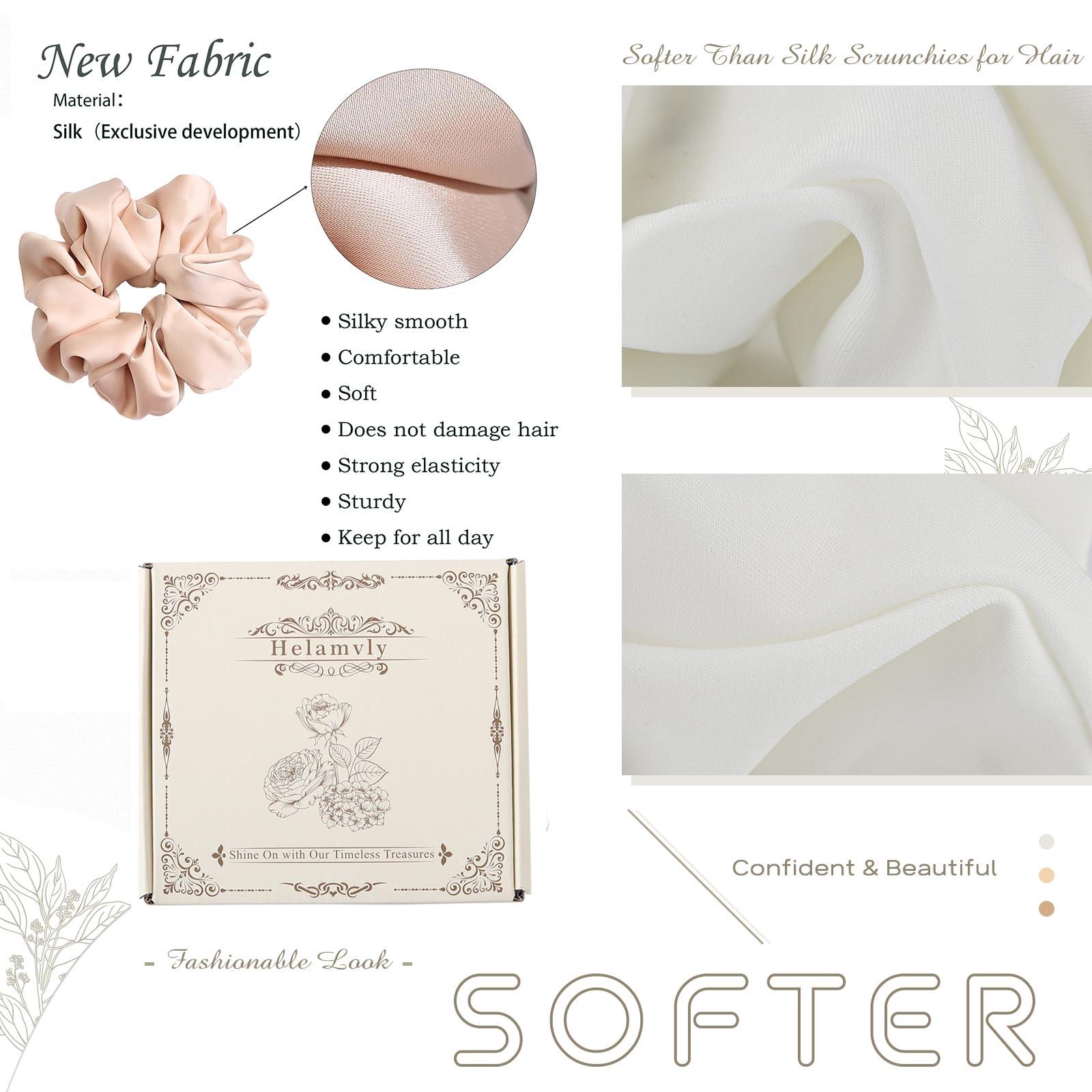 Helamvly 4PCS Large Satin Silk Scrunchies for Women - Big Glossy Scrunchie for Thick Hair Girl Hair Ties Ponytail Holders Jumbo Scrunchies (Black White Silver Champagne)