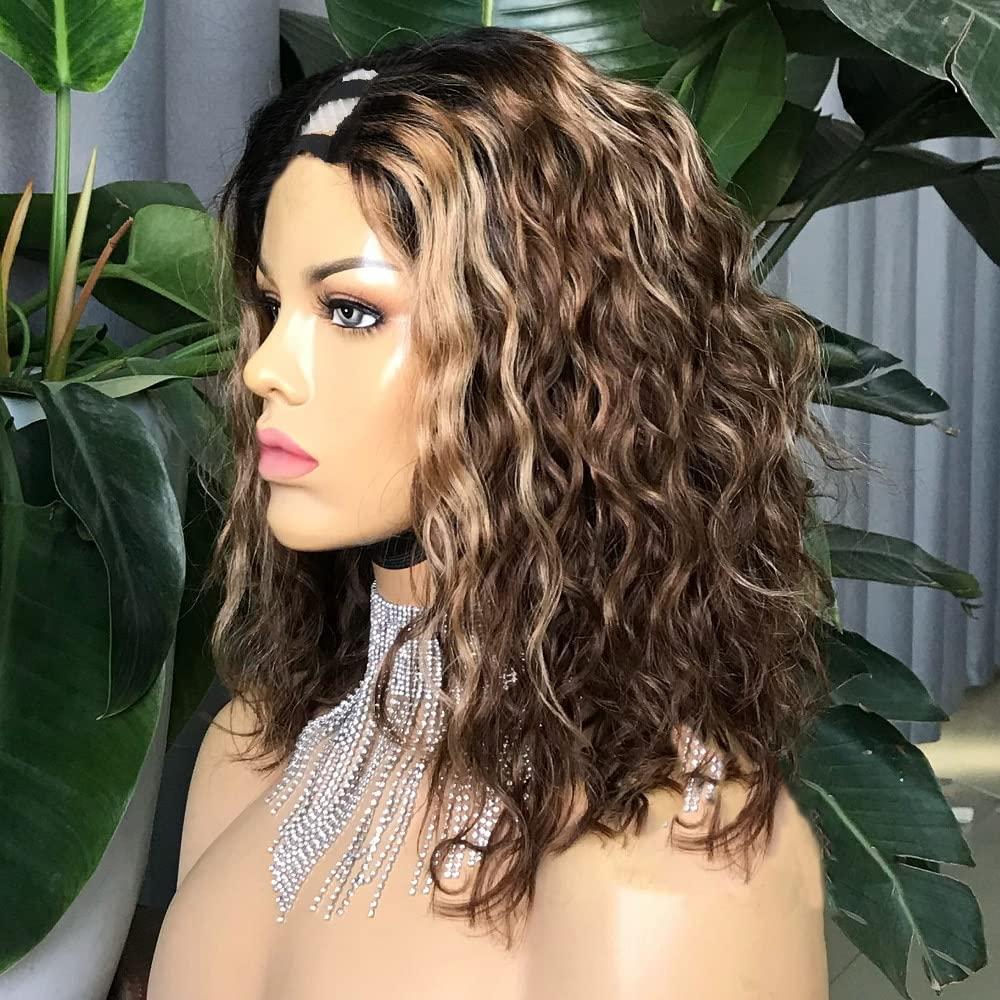 HAOKE Short 1bT4/27 Water Wave Wigs Human Hair 2x4 U Shape Middle Part Human Hair for Black Women 150% Density Beginner Friendly No Sew in NO Glue(10 inch,1BT4/27)