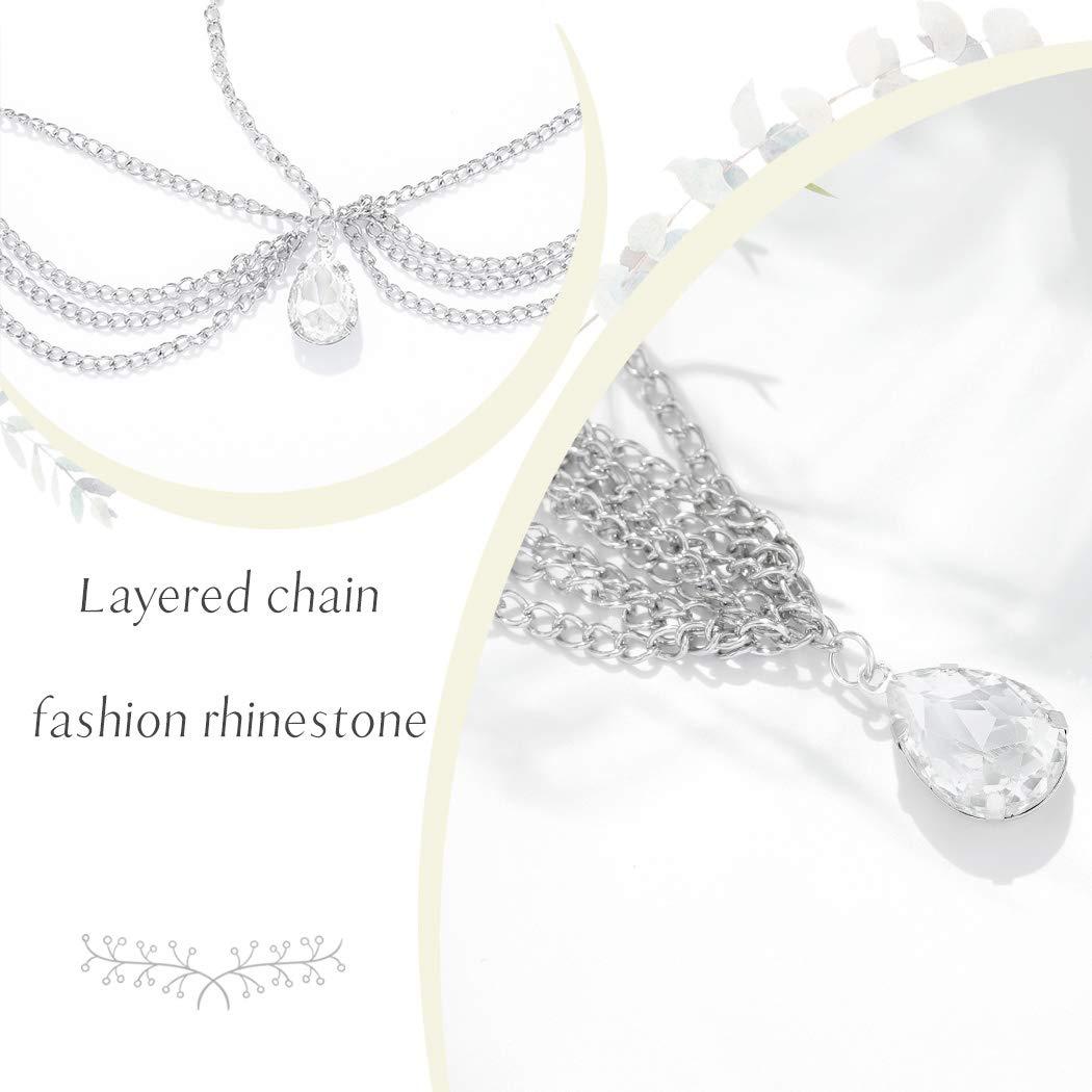 Gangel Gangel Silver Rhinestone Head Chain Drop-shaped Crystal Hair Piece Bohemia Hair Pendant Jewelry Wedding Prom Accessories Elegant Hair Chain Delicate Hair Accessory for Women