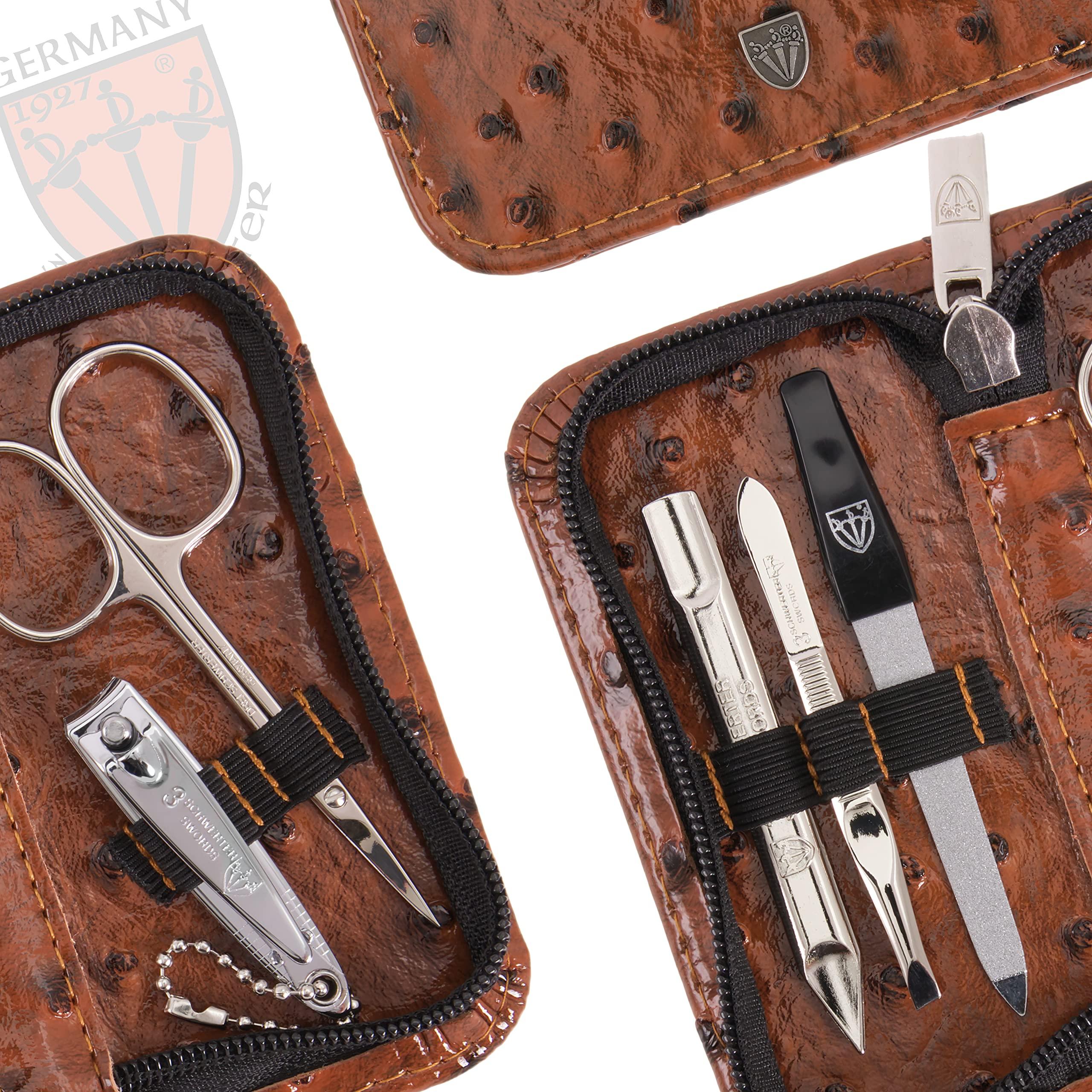 3 Swords Germany 3 Swords Germany - brand quality 5 piece manicure pedicure grooming kit set with synthetic leather case ostrich cognac - Made in Germany