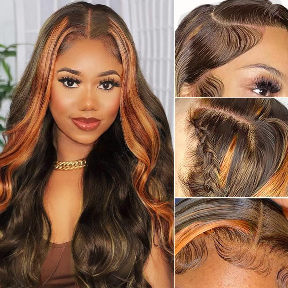 Goldfinch Ginger Ombre 13x4 HD Lace Frontal Wigs Highlight Skunk Stripe Body Wave Wigs Chocolate Brown Lace Front Wig 100% Brazilian Human Hair Wig 150% Density Pre Plucked With Baby Hair Wigs 20 Inch