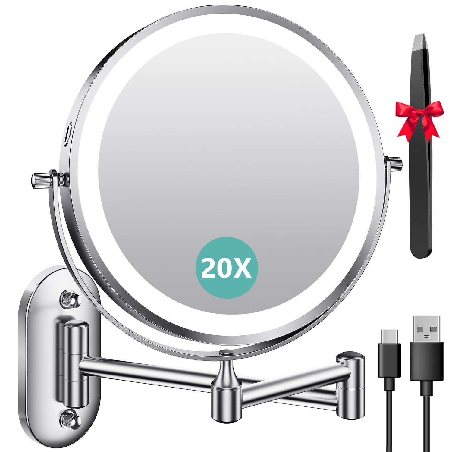 Auxmir 1X/20X Wall Mounted Makeup Mirror with Light, 8\" Double-Sided Magnifying Mirror, 3 Color Lights Touch Dimmable Vanity Mirror with 360 Extension Rotation Foldable 14.5 Inch Arm for Bathroom