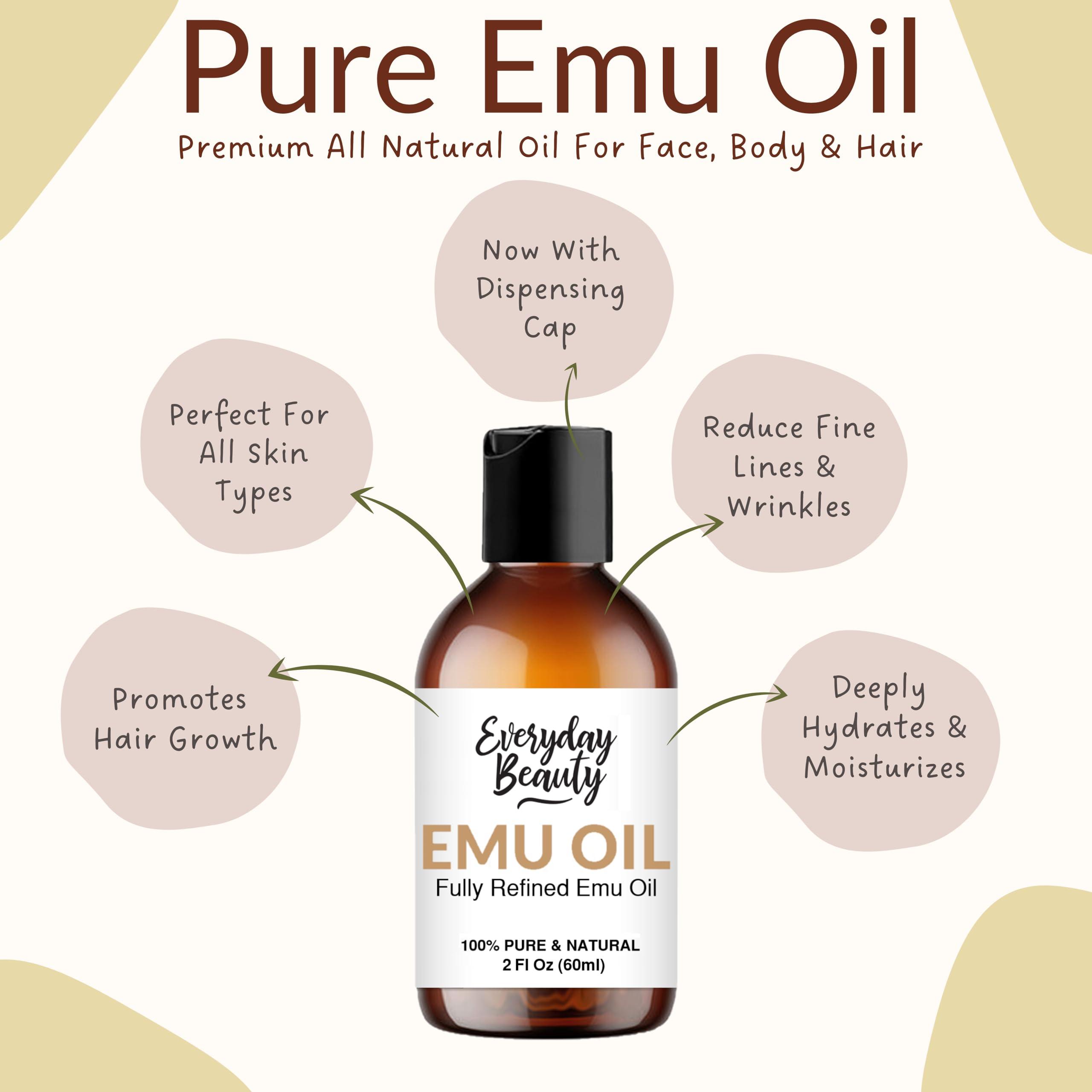 Everyday Beauty Helping You Feel Beautiful Ins Pure Australian Emu Oil - All Natural 6X Refined for Face, Skin and Hair - Highly Effective Hydration for Sensitive Skin and Hair Growth - Perfect for Scars and Blemishes - 2 Fl Oz