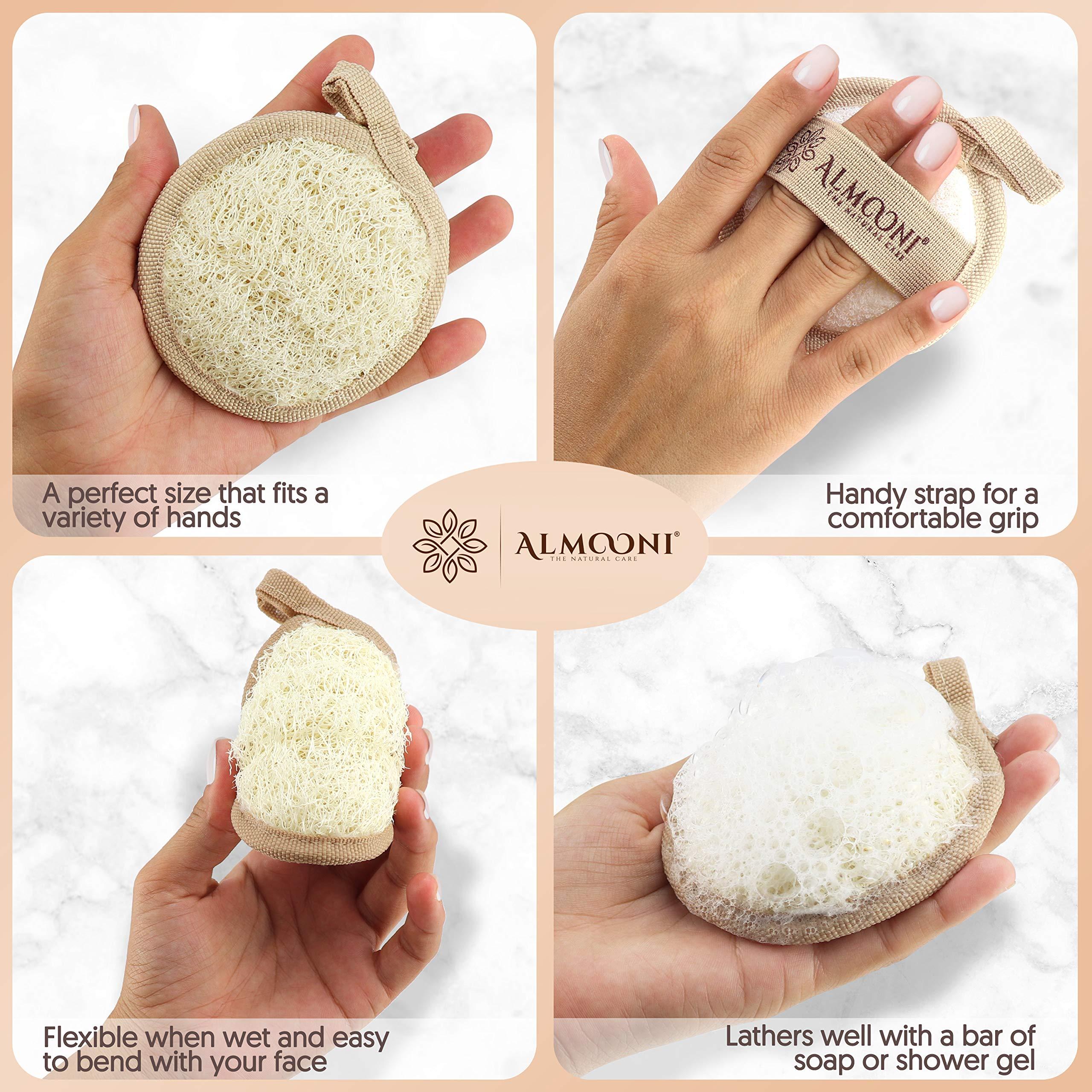 ALMOONI Almooni Natural Loofah Exfoliating Facial Scrubber, Made with Natural Egyptian Shower Loofah Sponge, Bath Shower Loofah Sponge for Women and Men, for Face That Gets You Clean - 6 Count (1 Pack)