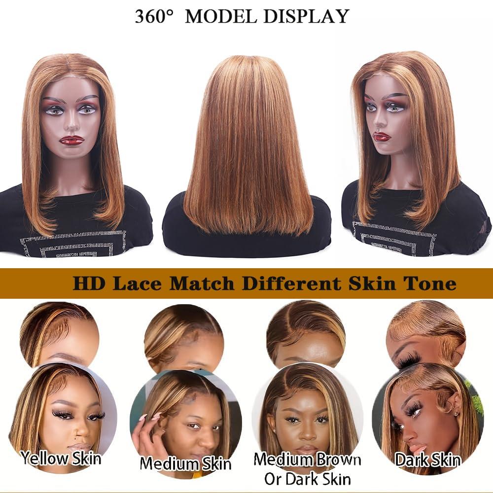 swthebily Put On And Go Glueless Wigs Human Hair Pre Cut Ombre 4/27 Highlight Short Bob Wig Human Hair For Women 180 Density 4x4 Closure Straight HD Lace Front Wigs Human Hair Ready To Wear For Beginners 10inch