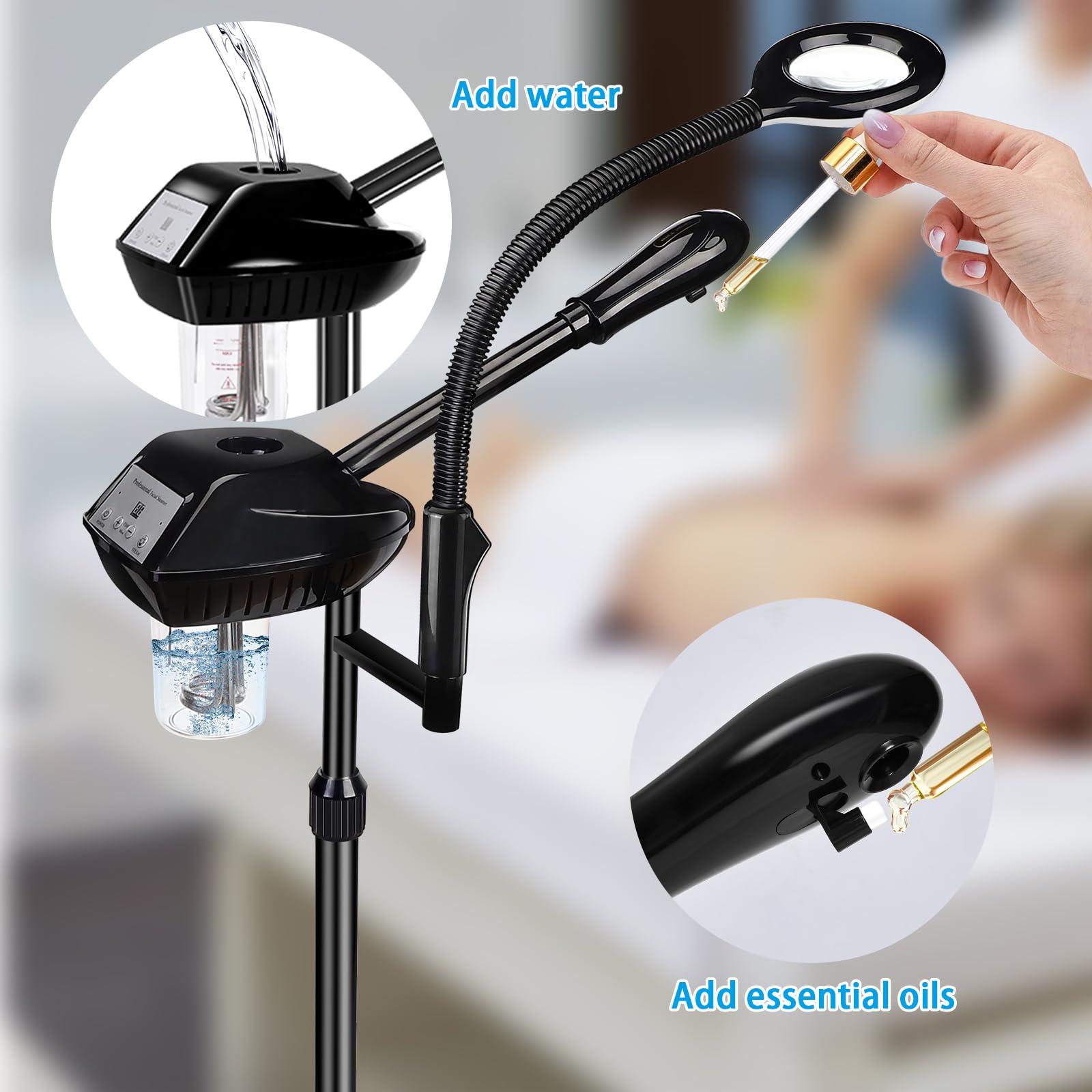 Fuehomue Professional Facial Steamer, 2-in-1 Facial Steamer with 5X Magnifying Lamp, Ozone Facial Steamer for Facial Deep Cleaning, Facial Steamer on Wheels, Stand Facial Steamer for Spa, Salon and at Home Use