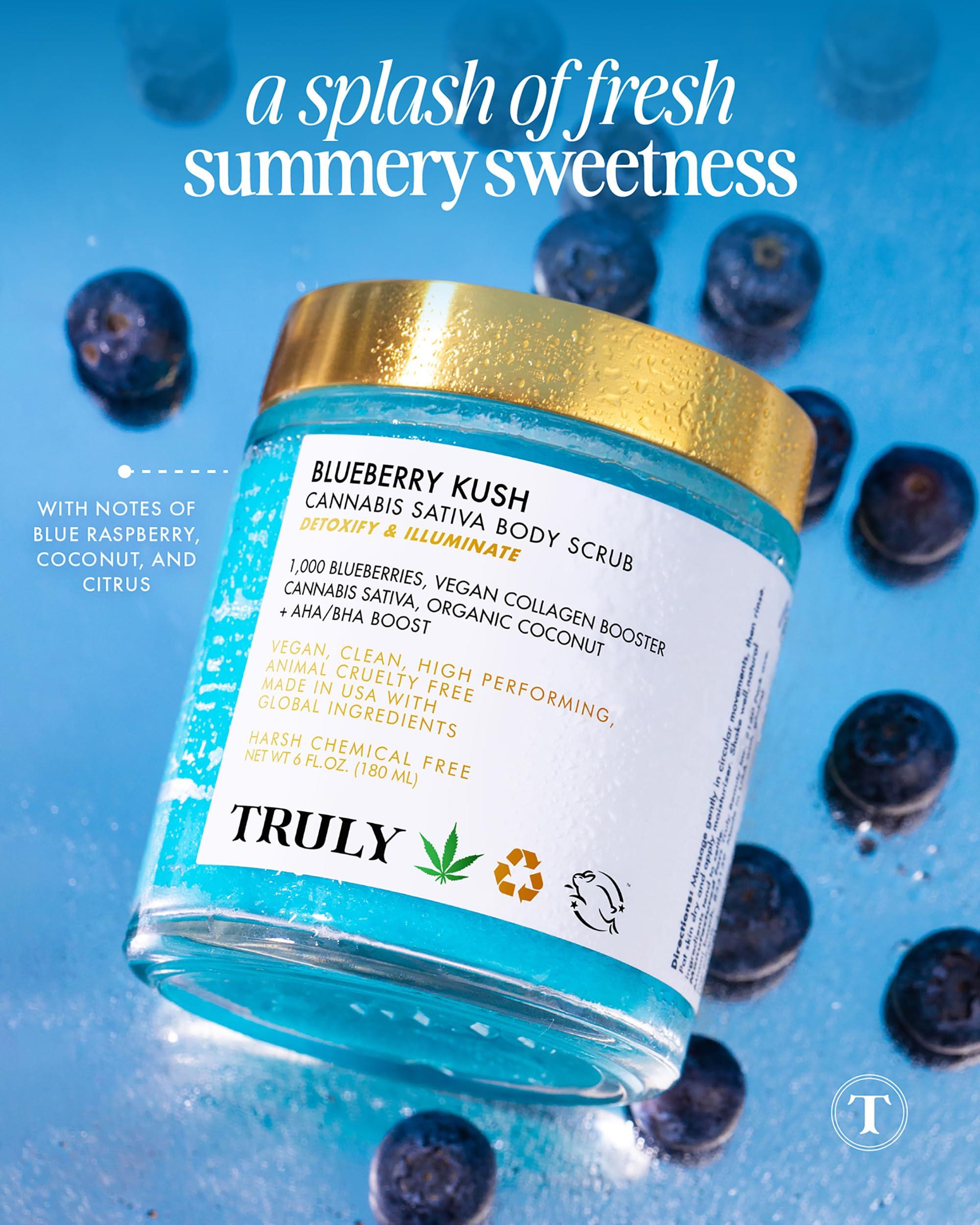 Truly Truly Beauty Blueberry Kush Body Scrub with Hydroxy Acids and Vegan Collagen - Detoxifying Sugar Scrub for Women - Exfoliating Body Scrub for Flawless and Luminous Skin - 6 oz