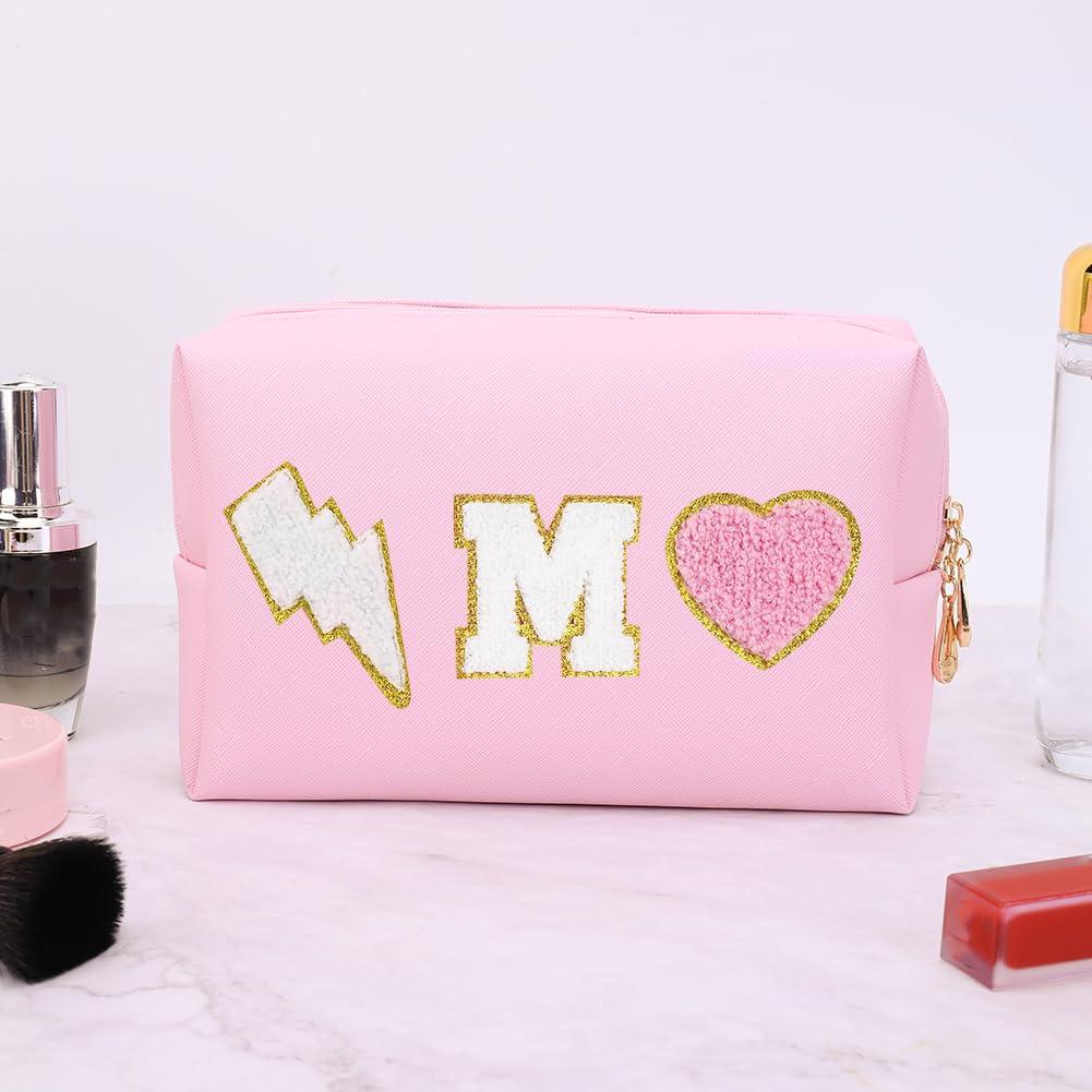 OEIPSMK OEIPSMK Personalized Makeup Bag Initial Chenille Letter Patch Cosmetic Bag Preepy Small Makeup Pouch Waterproof Leather Travel Toiletry Bag Monogram Make Up Pouch Birthday Gifts for Women, Medium