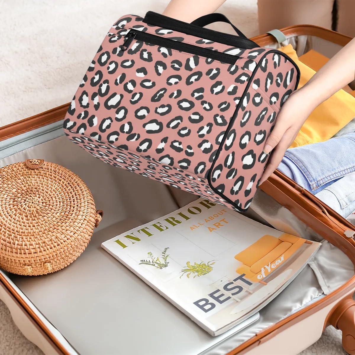 OMFUNS OMFUNS Dark Pink Leopard Print Hanging Toiletry Bag Wash Makeup Bag for Women Men Travel Cosmetics Bag Shaving Bag Organizer Kit for Accessories, Cosmetics, Travel Essentials