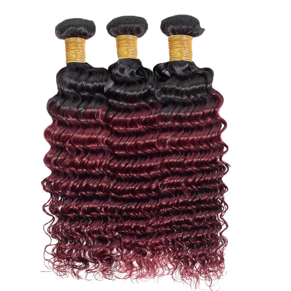 YOUNGHANN 26 28 30 Inch Ombre Bundles Human Hair 1b99j Deep Wave Human Hair Bundles Two Tone Black And Red Bundles Brazilian Burgundy Deep Wave Bundles Hair Weave