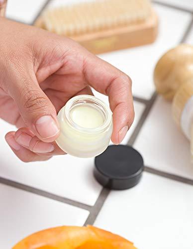 JUVITUS Frosted Clear Glass 5 ml 1/6 oz Small Thick Wall Balm Salve Pot Container Jars with Black Smooth Foam Lined Lids (24 Pack)