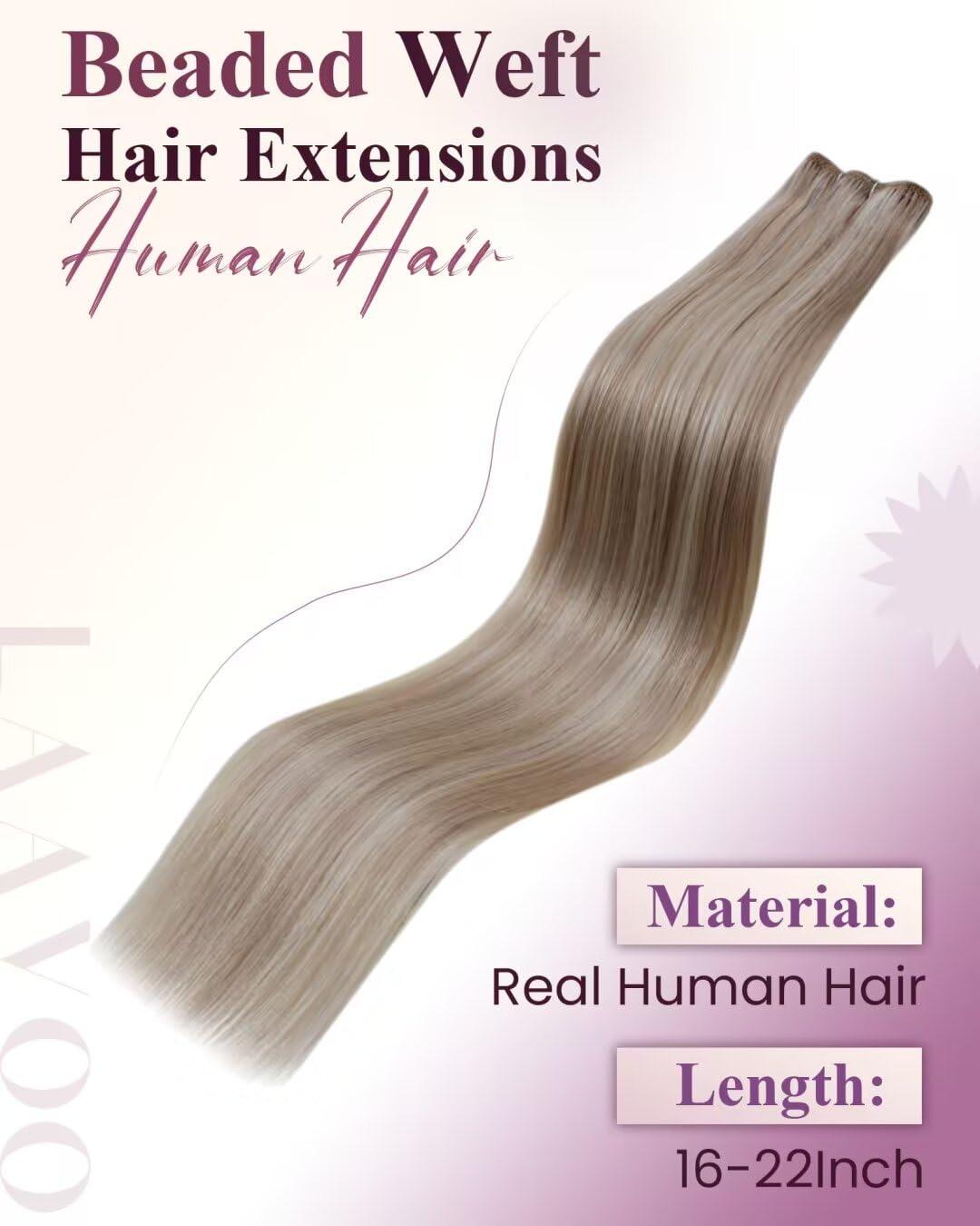 LAAVOO LaaVoo Beaded Weft Hair Extensions Ash Blonde Bead Hair Extensions Real Human Hair Weft Hair Extensions Bleach Blonde with Ash Blonde with Micro Beaded 22inch 50g