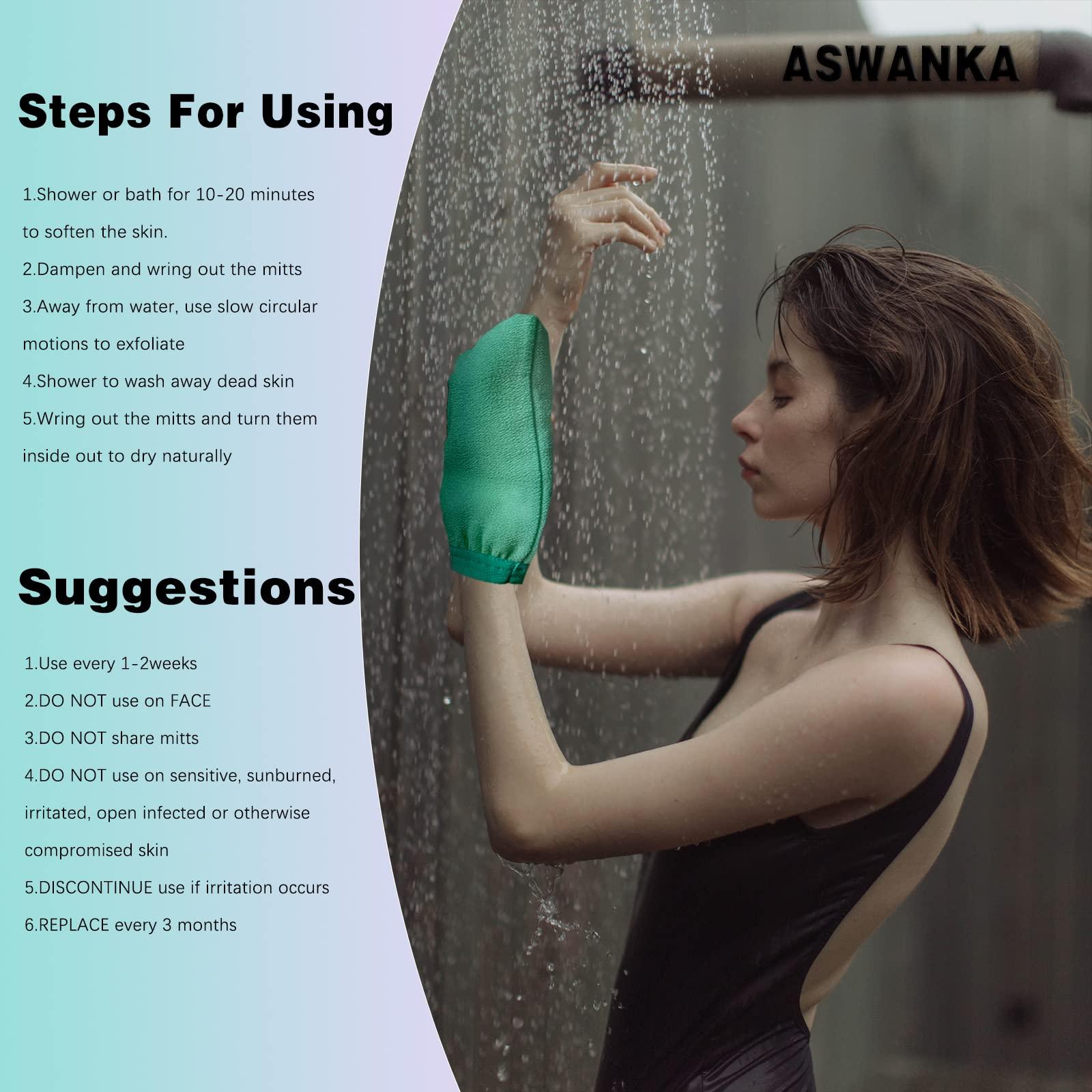 ASWANKA Korean Exfoliating Mitts(2pcs), Plant Based Exfoliating Gloves for Body Visibly Lift Away Dead Skin, 2 Layers Painless Remove Tan Spray, Keratosis Pilaris, Natural Material, Green