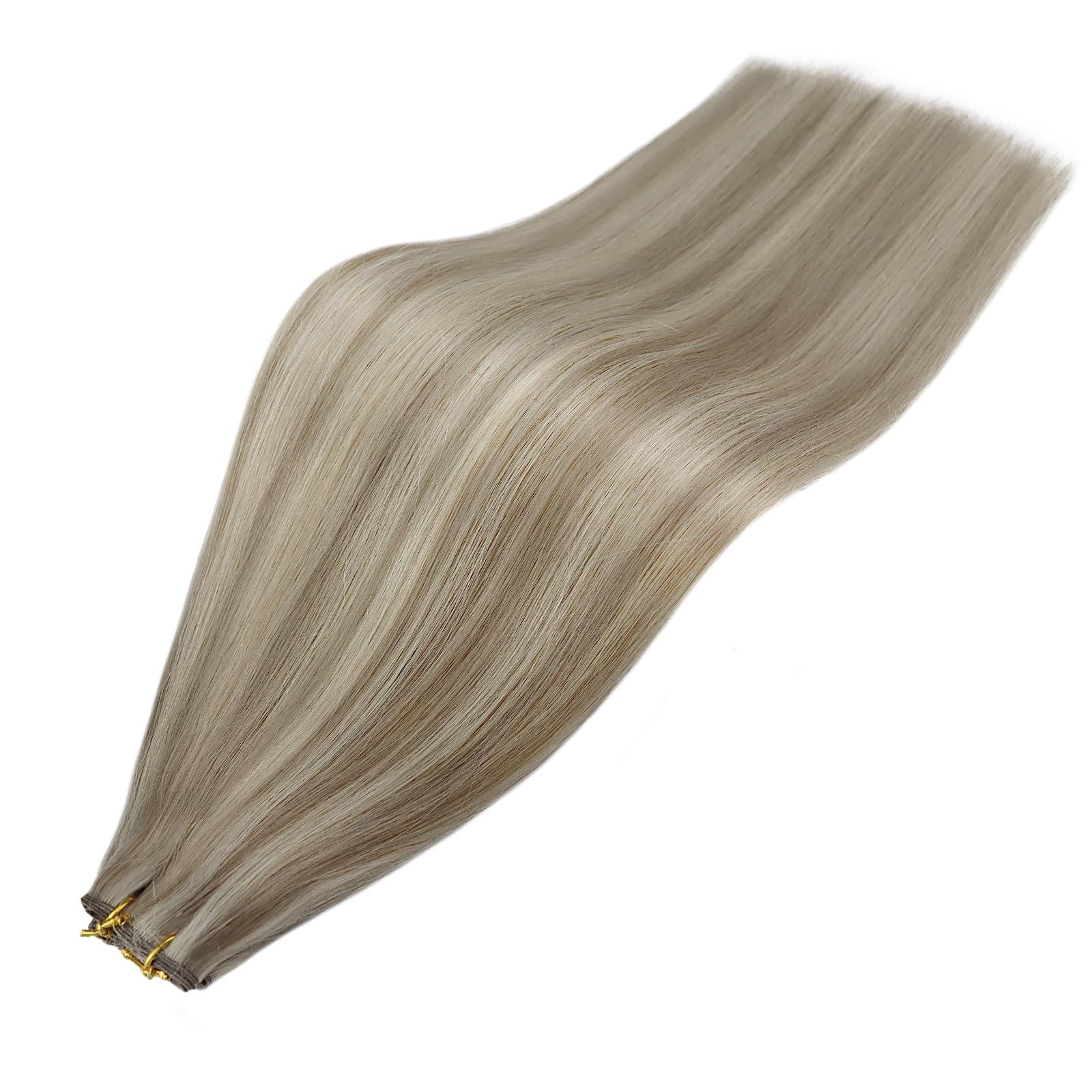 Fshine Fshine Hand Tied Genius Weft 14 Inch 50g Ash Blonde Highlighted Bleach Blonde Sew in Hair Extensions Remy Human Hair Weave Real Human Hair for Women Highlight Hair Genius Weft Natural Hair