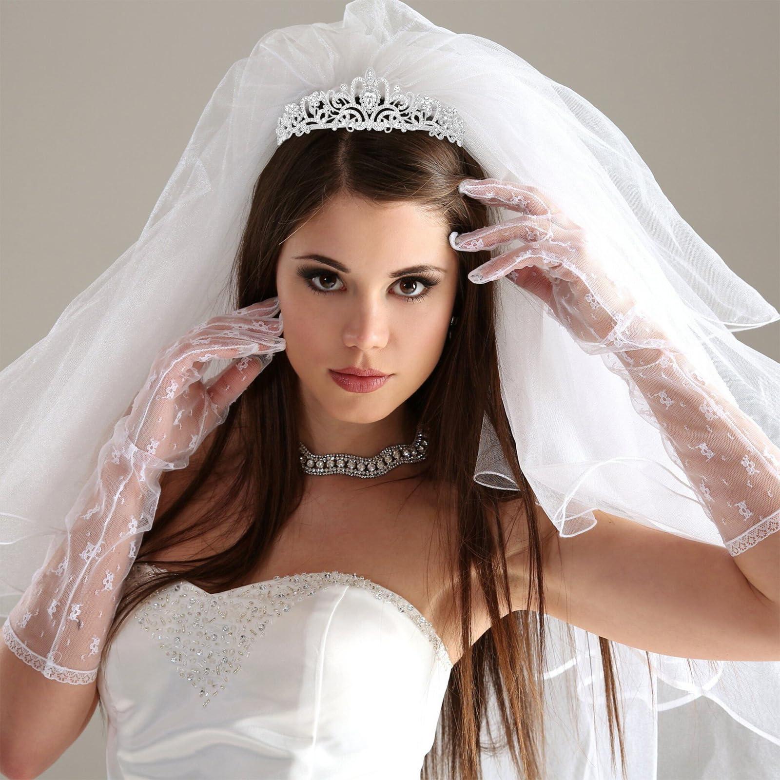 YARIEW YARIEW Silver Crown + Bride Veil Set, Rhinestone Wedding Bridal Tiara, Bridal Shower Decorations, Bachelorette Party Decorations Prom Bridal Shower Birhday Gift for Women and Girls