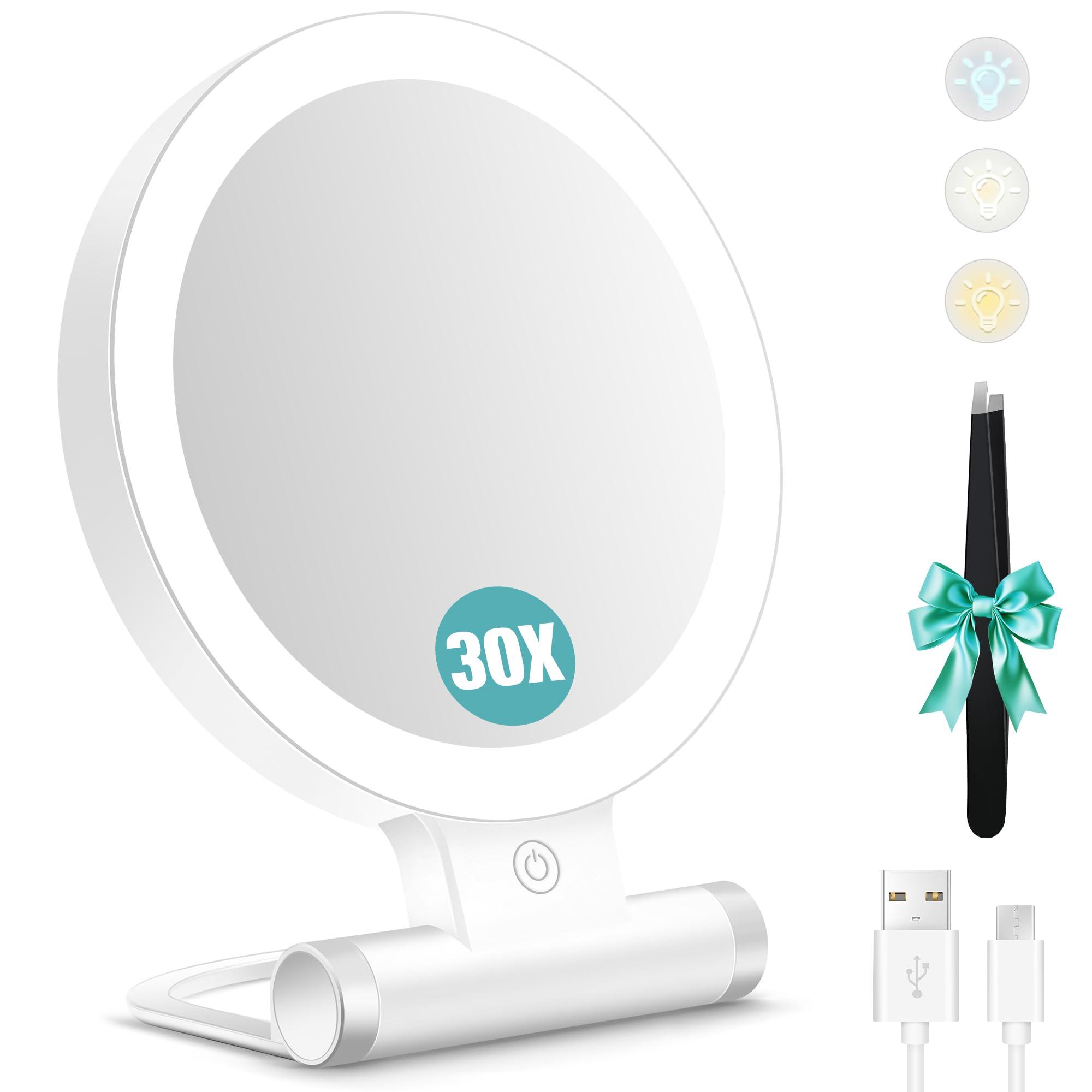 B Beauty Planet B Beauty Planet Magnifying Mirror with Light 30X, Double-Sided 1X/ 30X Magnifying Makeup Mirror with Tweezer, 2000mAh 3 Colour Modes with Adjustable Brightness,Foldable Compact Travel Mirror