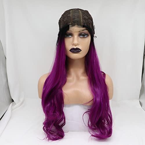 xiweiya xiweiya Long Purple Lace Front Wigs with Dark Roots Middle Part Purple Synthetic U Part Lace Front Wigs Natural Hairline Heat Resistant Hair High Density Wig for Women 26 Inch