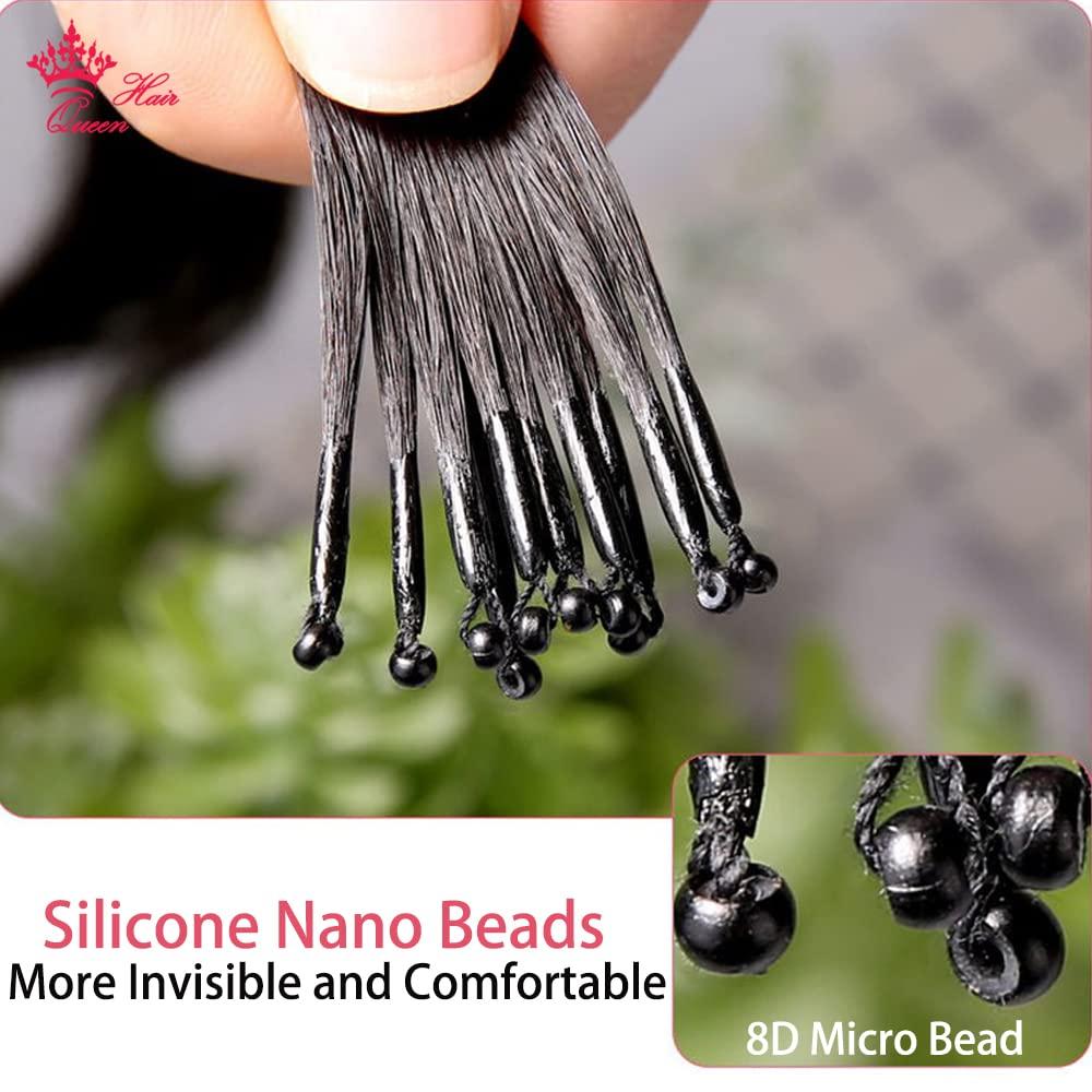 Queen Hair Queen Hair Products 8D Silicone Nano Ring 100% Human Hair Micro Links Micro beads Hair extension Invisible Mini Silicon Beads Easy to Install (26inches, 8D Silicone Nano Ring)