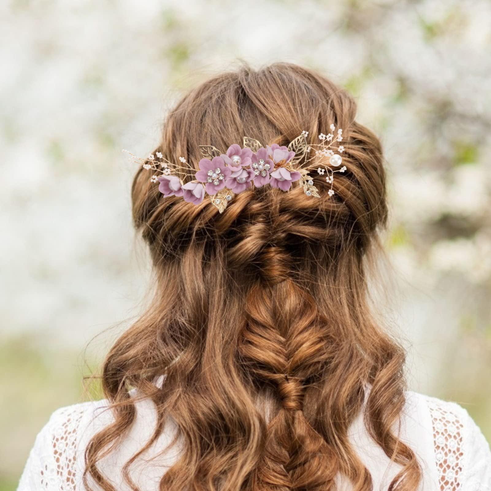 Luxshiny Luxshiny Gold Decor Bridal Hair Comb Hair Side Comb, Bride Wedding Hair Comb Pearl Hair Piece for Wedding Banquet Party (Purple) Bridesmaid Hair Accessories Retro Decor