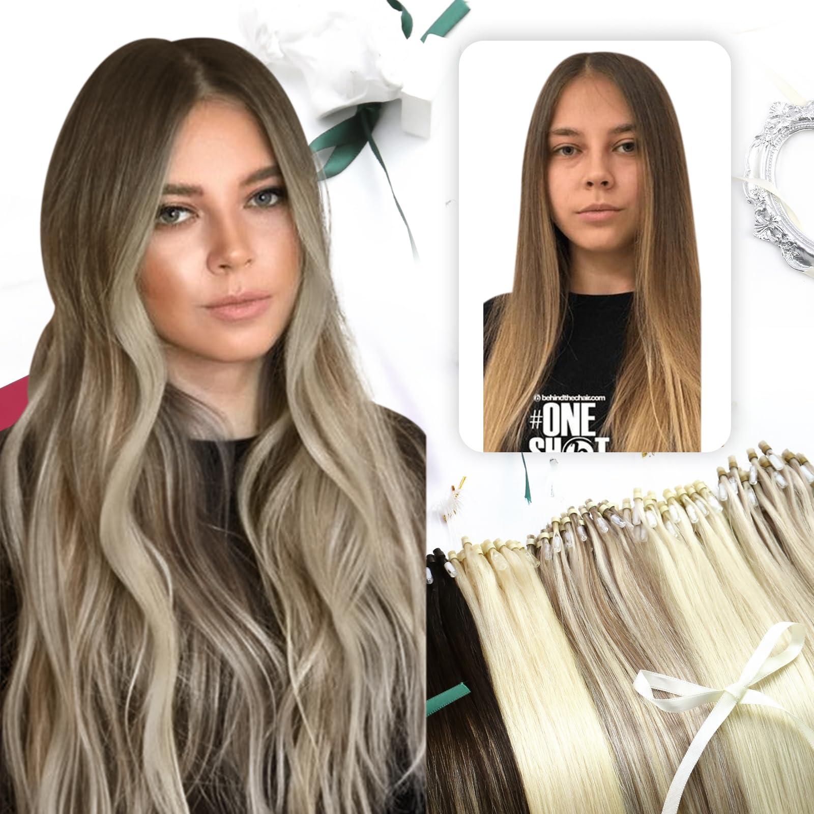 Moresoo Moresoo Micro Link Hair Extensions Ombre Dark Brown to Blonde Micro Loop Human Hair Extensions Balayage Brown Straight Microlink Hair Extensions Human Hair 14 Inch 50G/50S