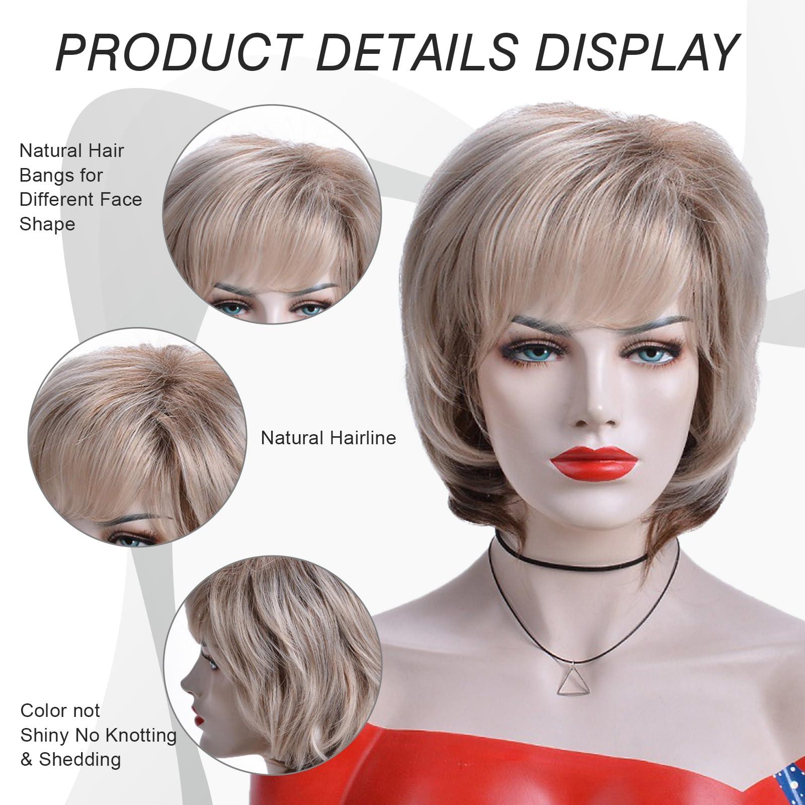 Oseti Oseti Short Blonde Wigs for White Women Layered Mixed Blonde Pixie Cut Wigs Natural Wavy Real Hair Synthetic Wig with Bangs for Ladies Daily