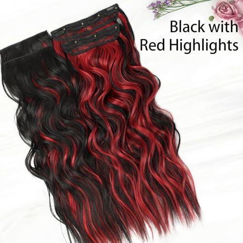 KooKaStyle KooKaStyle Hair Extensions Black Hair with Red Highlights Clip in Synthetic Highlight Hair Extensions Long Wavy 4PCS Thick Hairpieces 20 Inch for Women