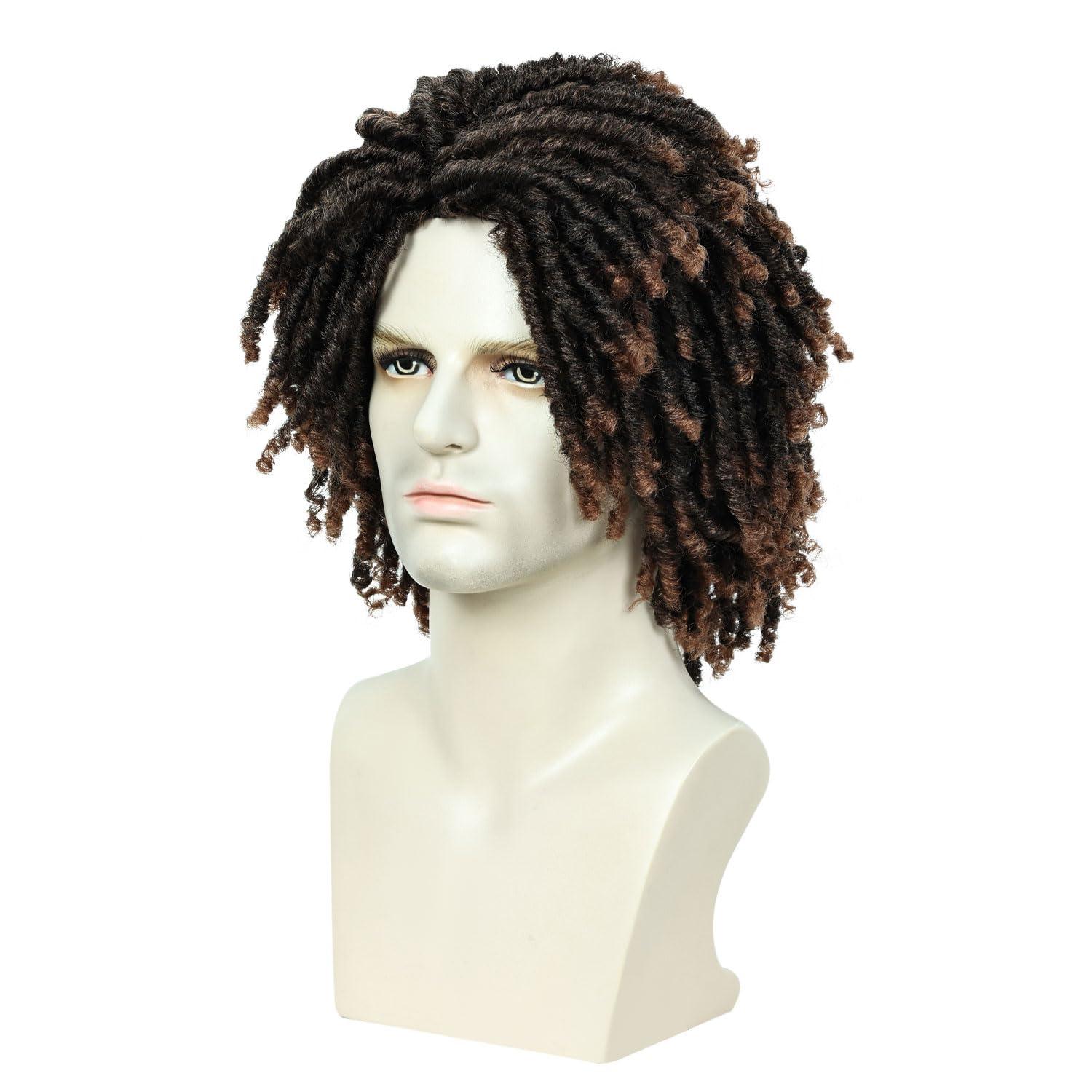 QUEENTAS QUEENTAS Dreadlock Wigs for Women and Men Short Curly Big Afro Braided Wigs Faux Locs Twist Braiding Synthetic Wigs (Black/Brown)