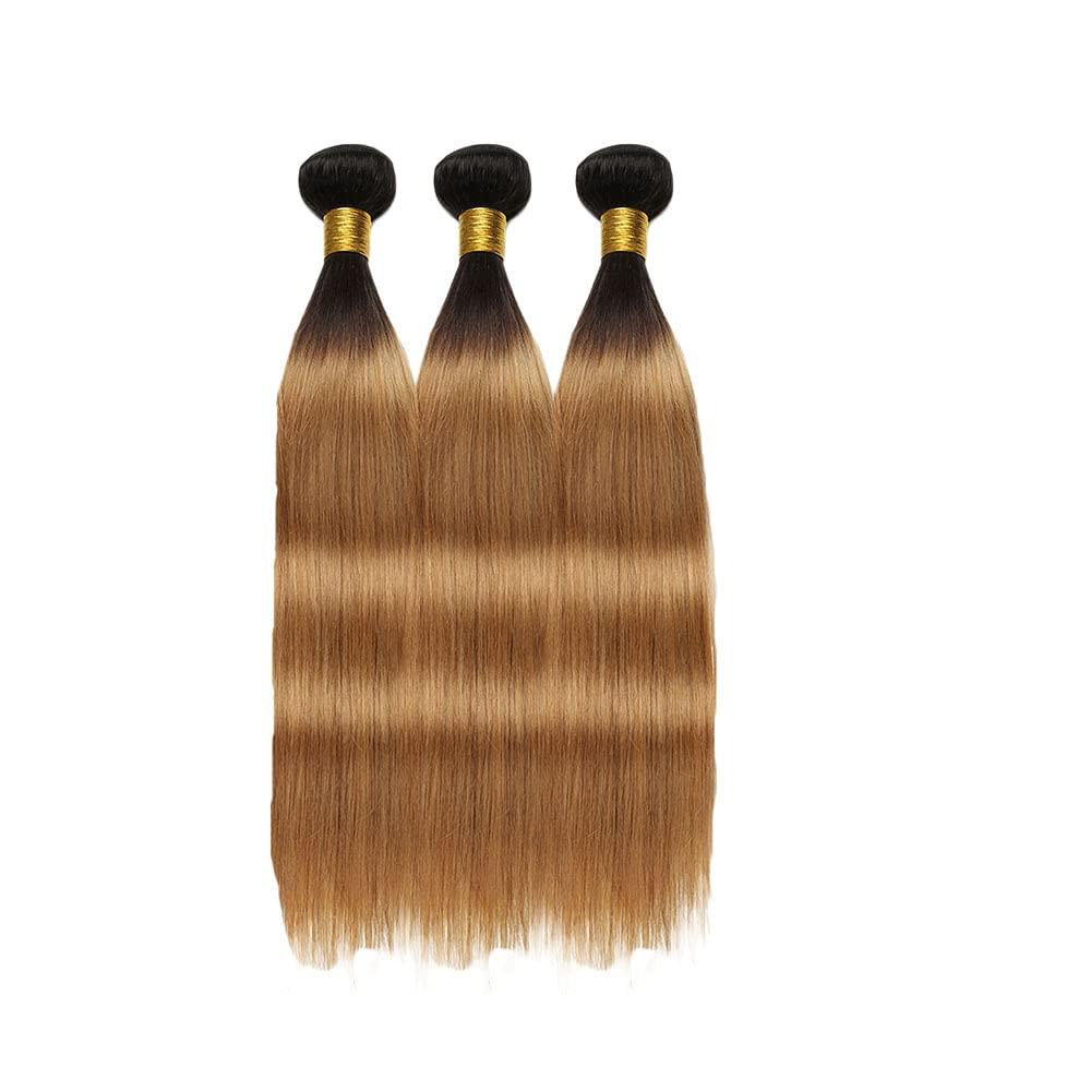 AuokMar 1B/27 Human Hair Bundles Blonde Straight Hunman Hair Bundles 1B27 Color Brazilian Honey Blonde Human hair bundles Ombre Two Tone 3 Bundles Unprocessed Virgin Hair Extensions 16 18 20 Inch