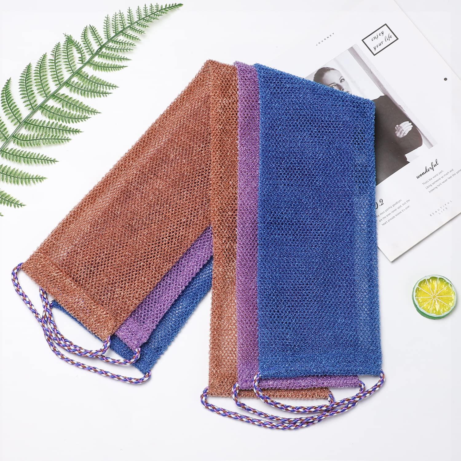 Yrarbil Yrarbil 3 Pieces African Net Sponge, African Exfoliating Bathing Back Scrubbers with Handles, Shower Net Body Scrubber Skin Smoother (Blue Purple Coffee)