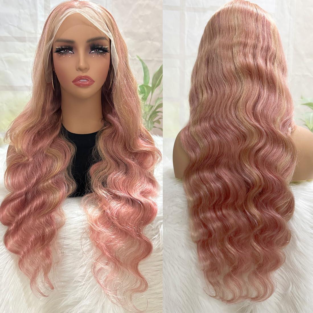 Rina Pink with Blonde Highlight Lace Front Wig Human Hair 200% Density Fuller Body Wave Rose Highlight Blonde 13x4 HD Lace Wig for Women Pre Plucked Pink Rose Highlight Blonde Human Hair Wig 26 Inch