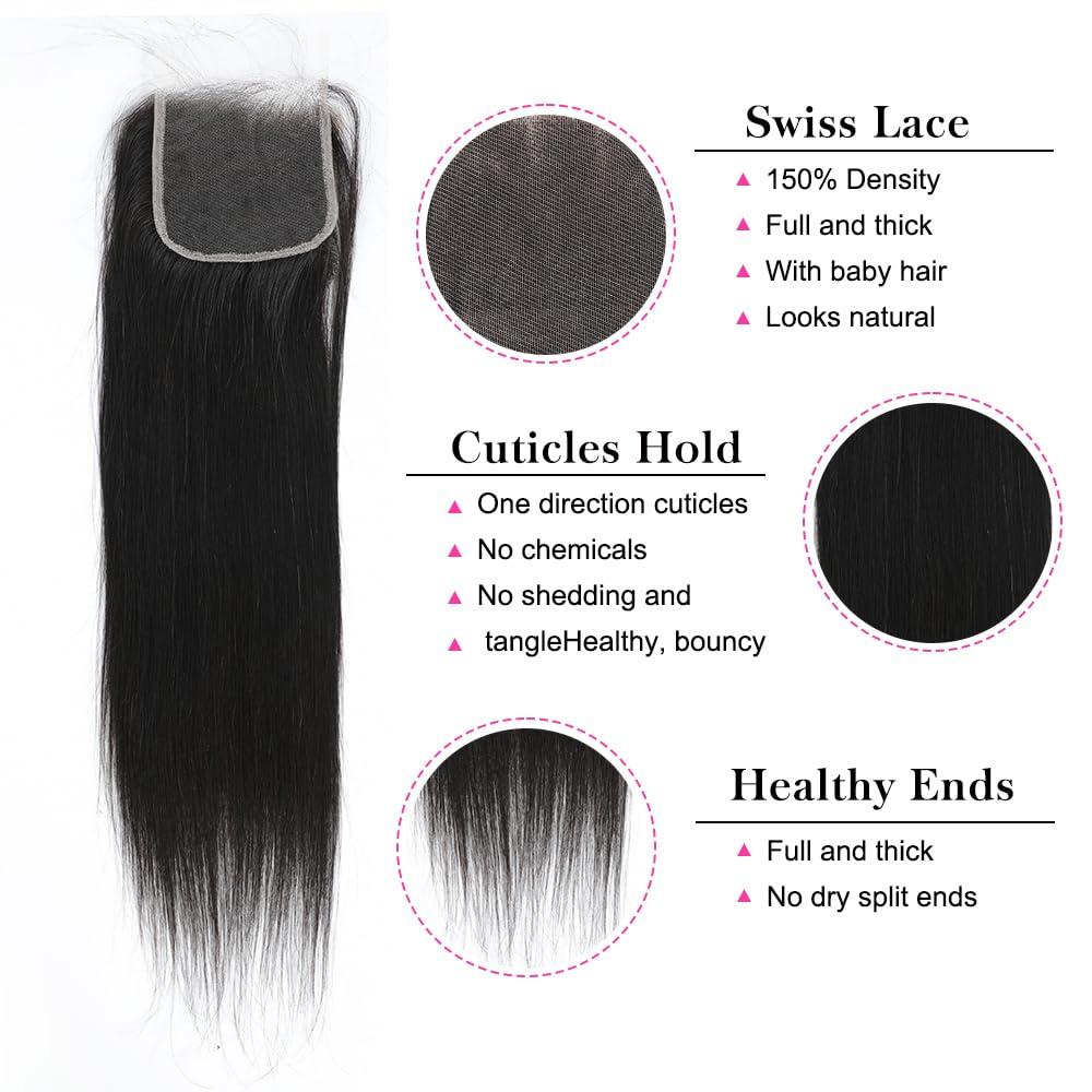 Yuyongtai Natural Wave Bundles Human Hair 18 20 22 Inch with 16 Inch 4x4 Straight Transparent Lace Closure
