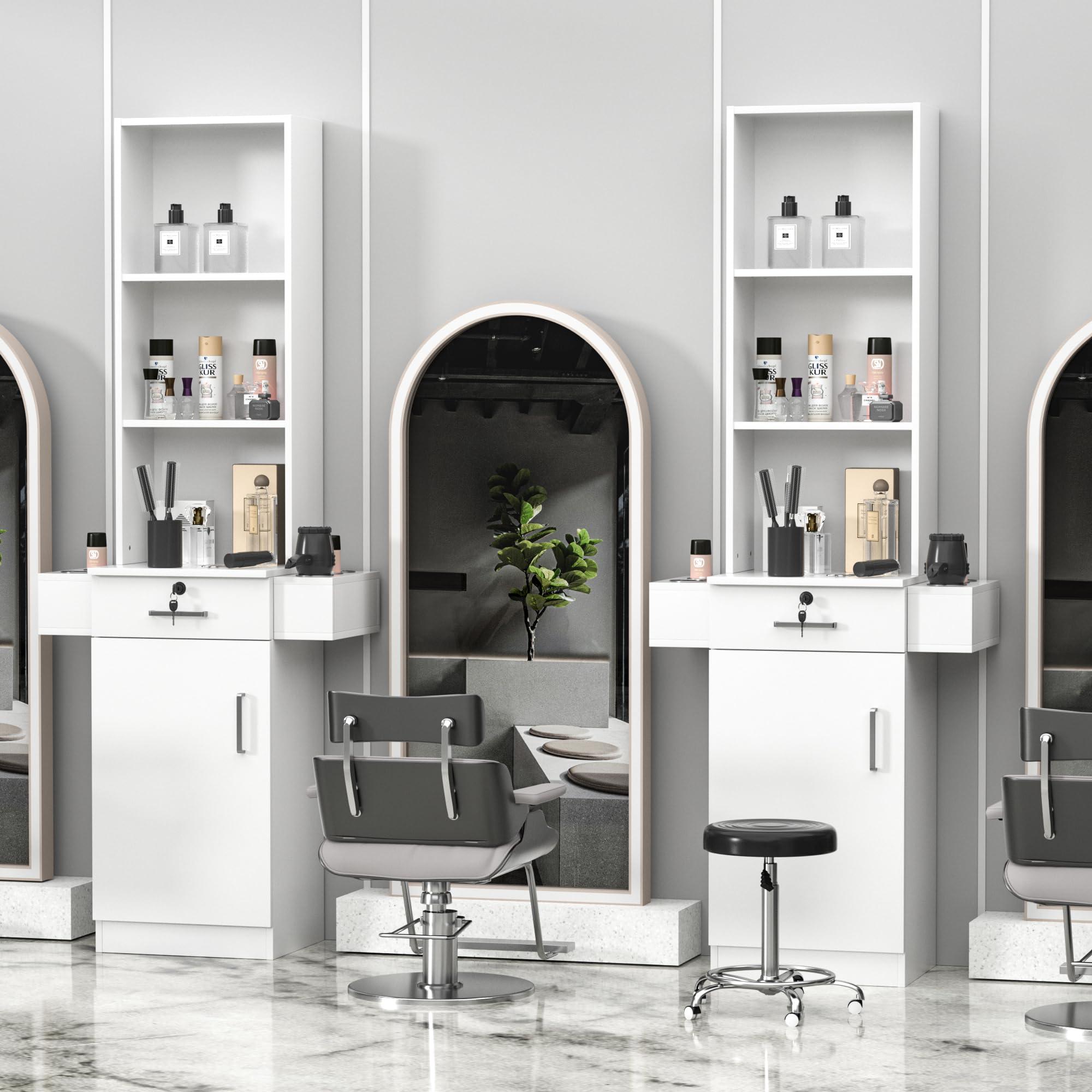 TOVRON TOVRON White Barber Salon Work Station for Hair Stylist Home Beauty Salon Equipment Barber Supplies Organizer Cabinet 70 Inch Barbershop Furniture