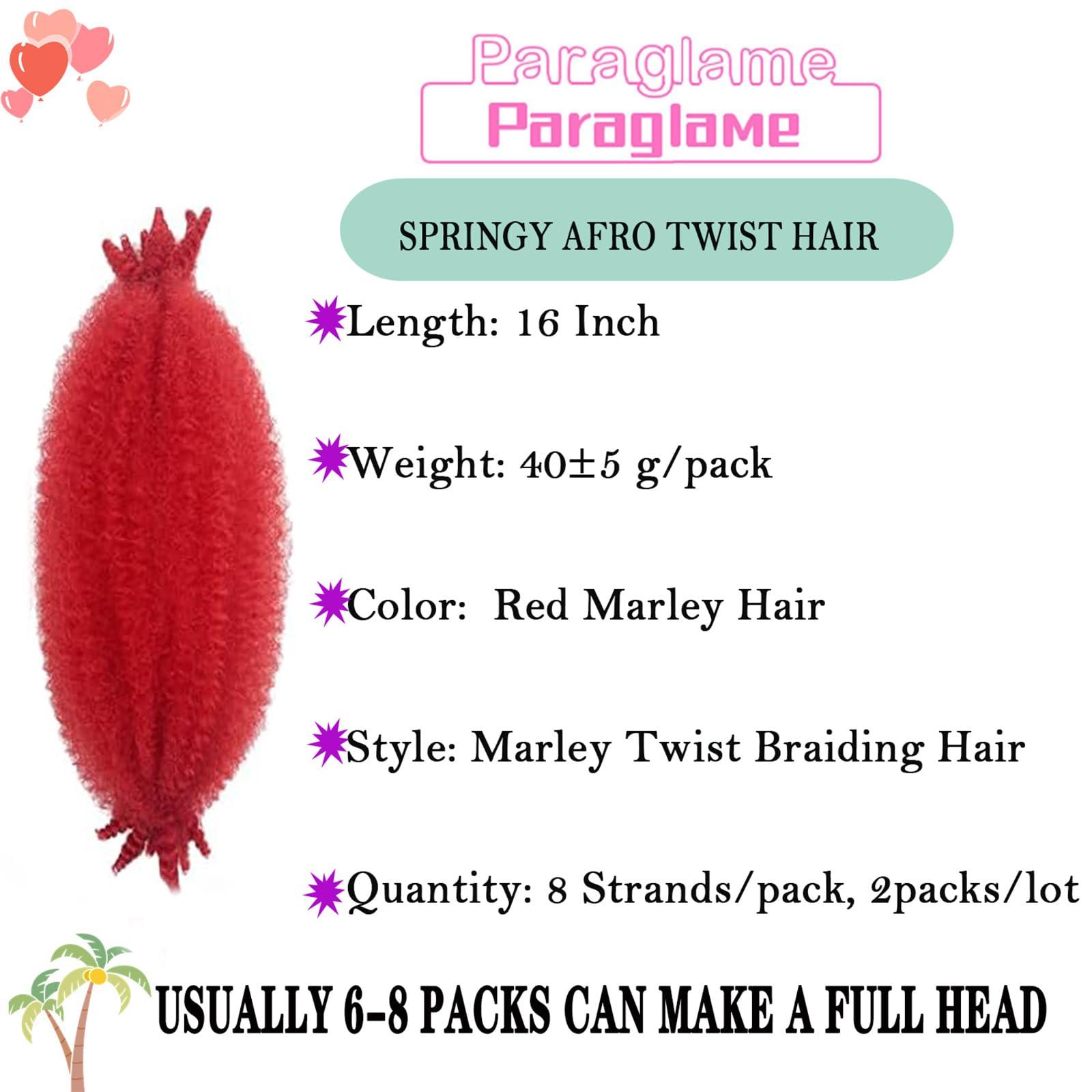 Paraglame Paraglame Red Marley Hair 16 Inch Springy Afro Twist Hair 2 Packs Marley Twist Braiding Hair for Faux Locs Crochet Hair Red Braiding Hair Extensions for Black Women (16Inch(Pack of 2), Red)