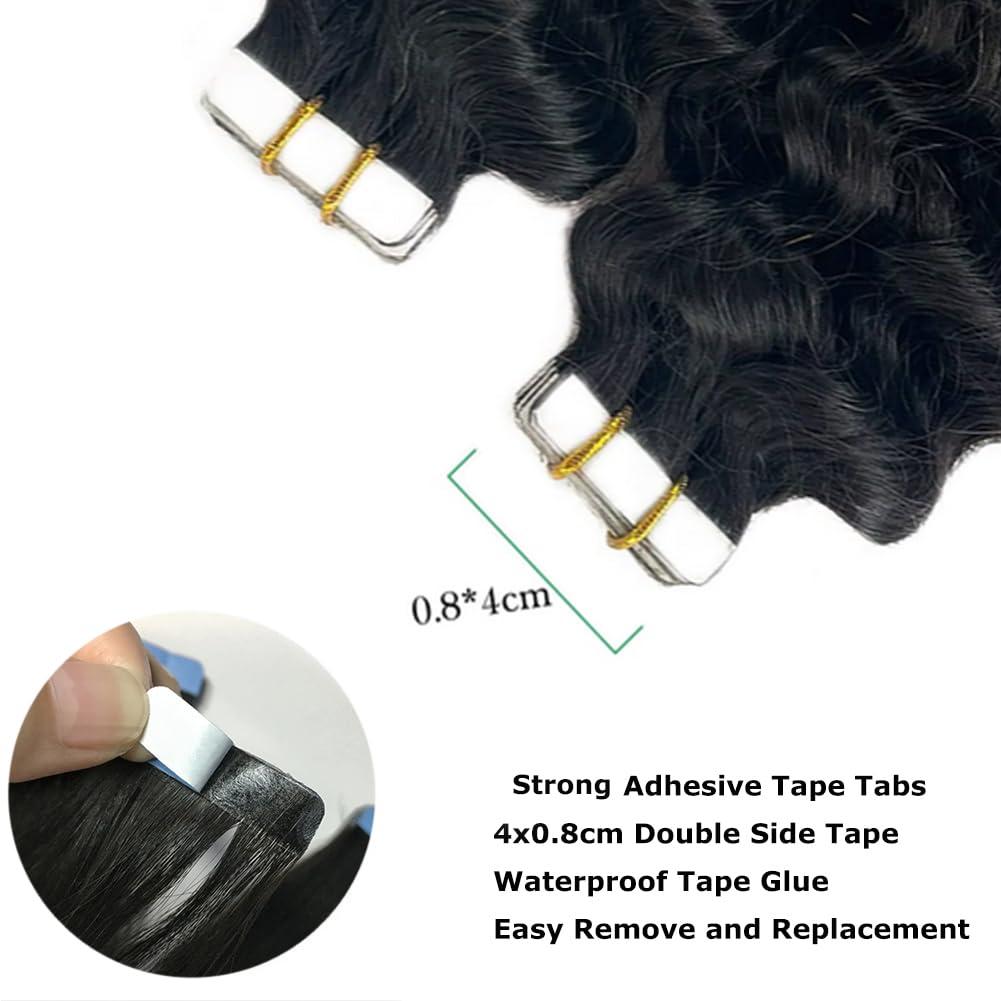 Kiss darling LASHES Tape in Human Hair Extensions 18 Inch Deep Wave Tape in Hair Extensions 40pcs 100g/Pack Seamless Skin Weft Human Hair Extensions Tape in for Women, 1b Black