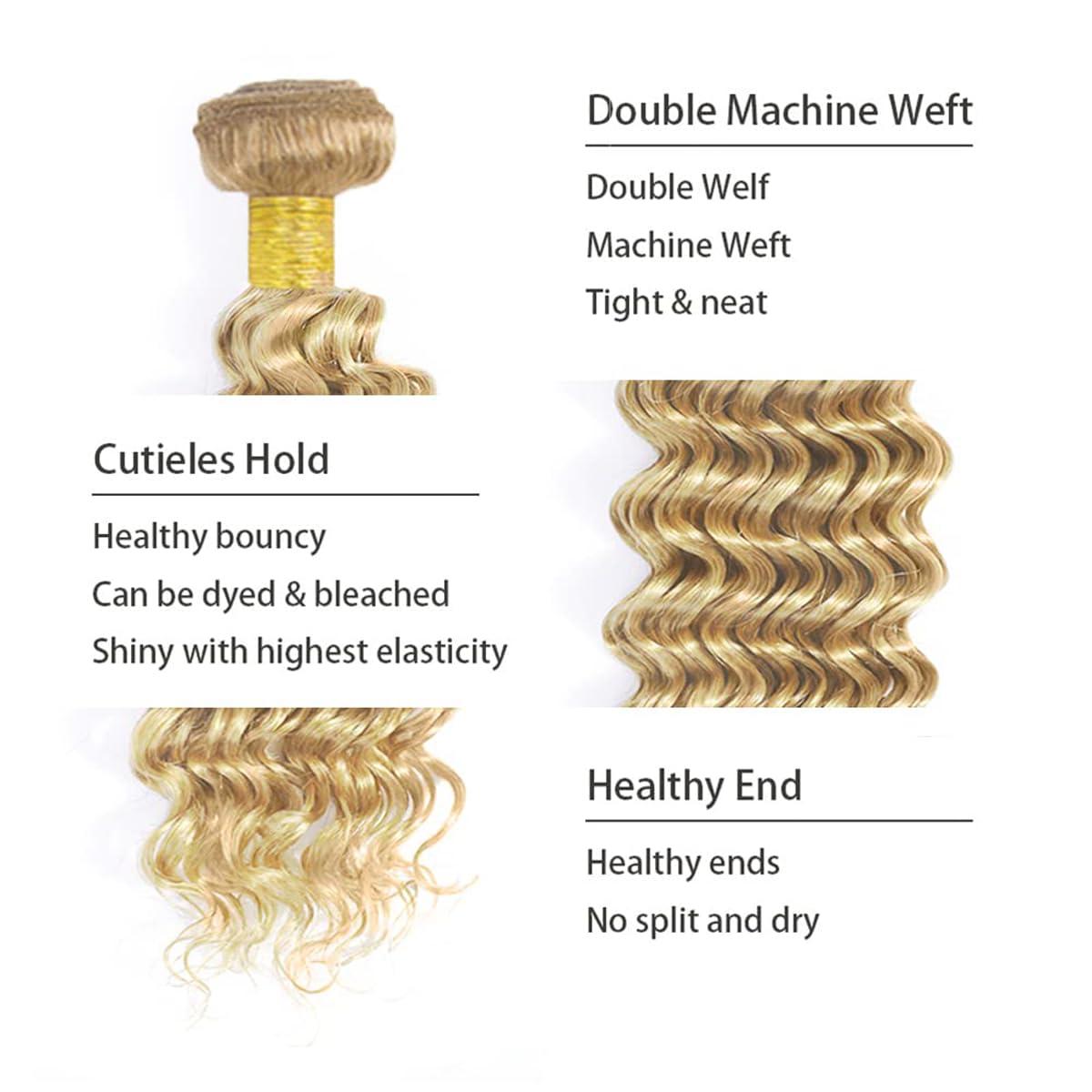 HeioWuio P27/613 Deep Wave Hair Bundles Grade 8A Virgin Hair Weave 3 Bundles For Women Unprocessed Brazilian Remy Hair Bundles Human Hair Bundles 20 22 24 Inch