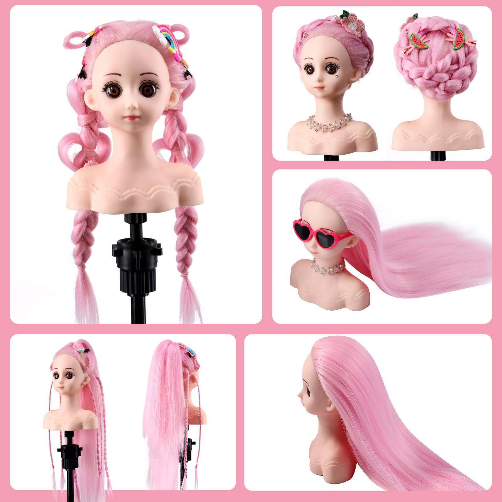 Anstar Anstar Hair Styling Doll Head for Girls Styling Head for Kids Mannequin Head with Pink Hair Doll Head for Hair Styling Braiding Cosmetology Manikin Head with Clamp Holder and Tools
