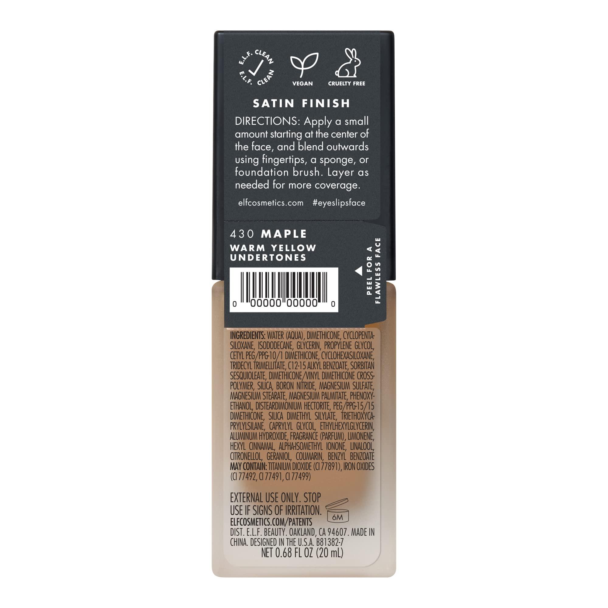 e.l.f. e.l.f. Flawless Satin Foundation, Lightweight & Medium Coverage, Semi-Matte Finish, Vegan & Cruelty-Free, Maple, 0.68 Fl Oz (20mL)