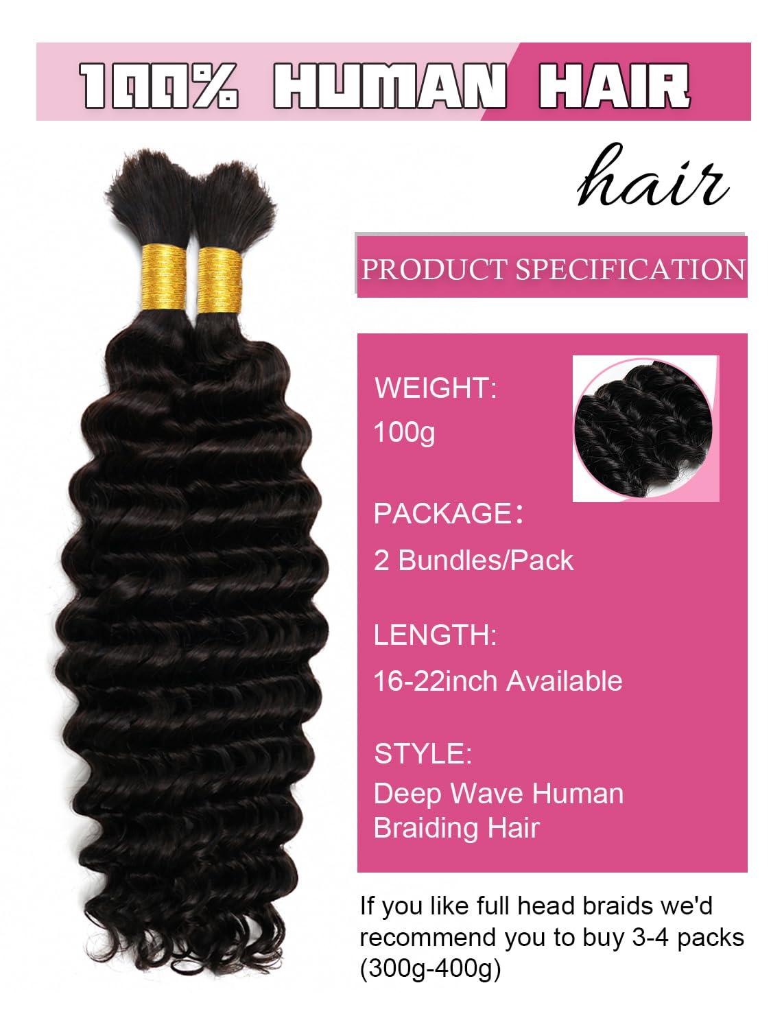 KISS HAIR Human Braiding Hair 1 Bundles/Pack 100g 18 Inch Deep Wave Curly Bulk 100% Human Hair for Braiding No Weft 10A Brazilian Virgin Human Hair Extensions for Boho Braids Natural Black Wet and Wavy