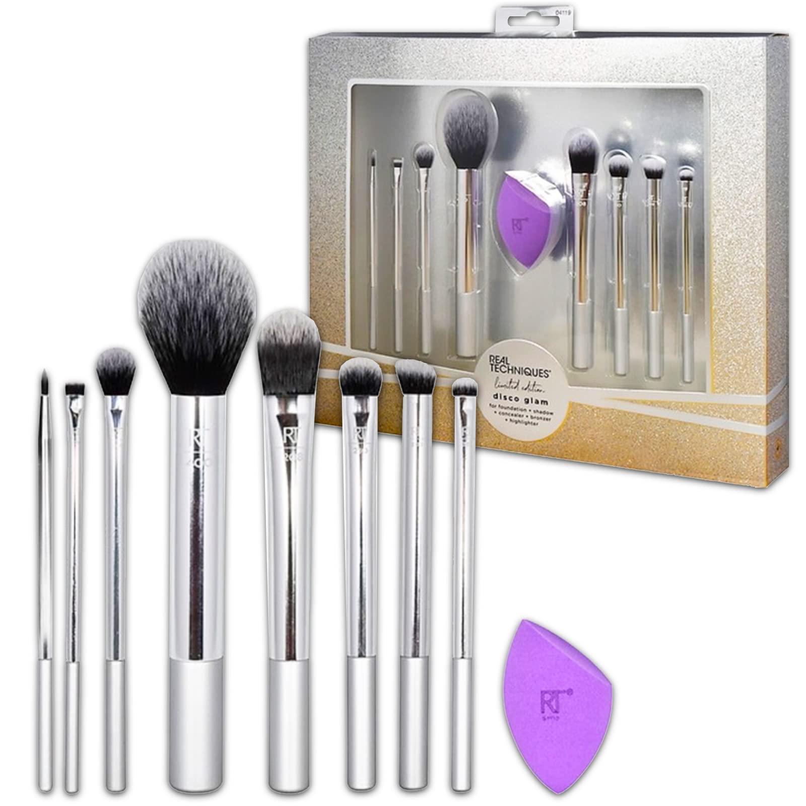 TECHNIQUES TECHNIQUES Real Makeup Brush Gift Set - Limited Edition Disco Glam for Foundation, Shadow, Concealer, Bronzer, Highlighter | Cosmetic Brushes and Complexion Sponge
