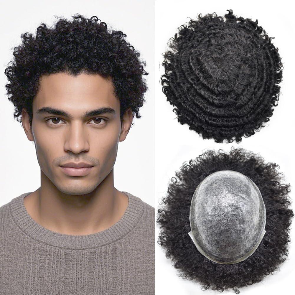 Hair Wonders Afro Toupee for Black Men Soft Full Poly African American Men Toupee Kinky Curly Brazilian Human Hair Pieces Man Weave Hair Unit Black Men 8x10 inch Hair Units for Black Men 1# JET BLACK 12mm wave
