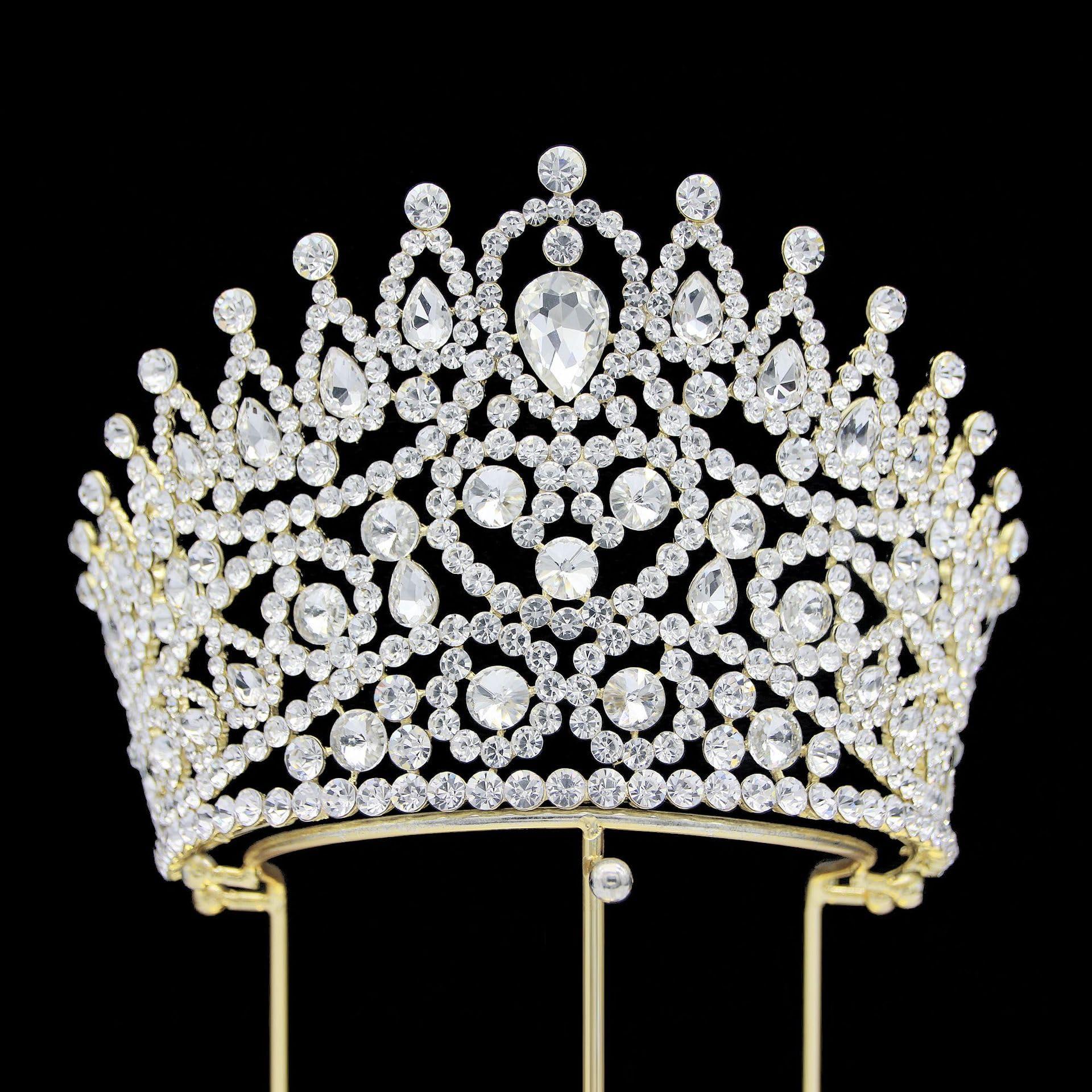 QXMYOO Extra Large Tiaras 4\" Tall Pageant Crowns for Women Clear Austrian Crystal Tiara Gold Homecoming Queen Crown Big Rhinestone Headpiece for Birthday Prom Quinceanera Wedding (B-Gold)