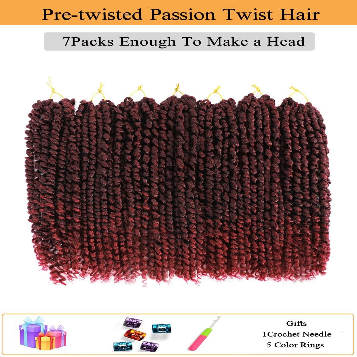 Flagship Short Passion Twist Hair 10 Inch Ombre Red Burgundy Pre-twisted Passion Twists Crochet Hair Pre-looped Curly Crochet Hair for Black Women (7Packs,Tbug)