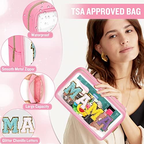 izuzta Chenille Letter Clear Makeup Bags Mama Pouch, Preppy Patch Makeup Bag with Zipper, Transparent PVC & Nylon Waterproof Portable Glitter Cosmetic Bag Travel Toiletry Storage for Women Girl(MAMA-Pink)
