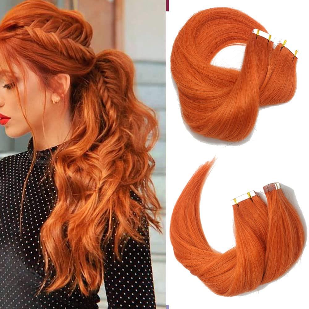 Vanvy 20Inch Orange Tape In Hair Extensions Human Hair Ginger Red Hair